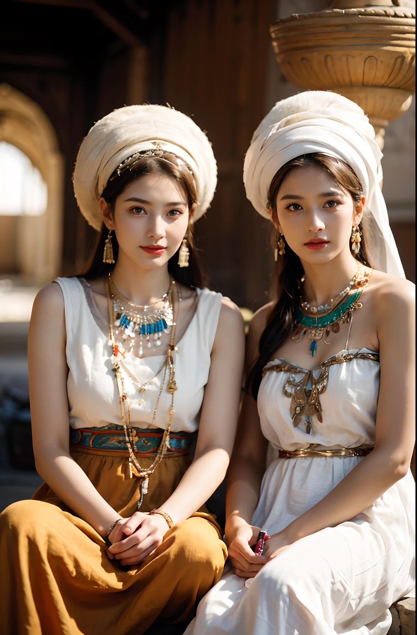 The proportions are the same for all races, All faces and pictures must be different, High quality, Ultra-realistic, Close-up portrait of two beautiful women in ancient Mesopotamia,leering:1.4,Dynamic pose, Ancient Mesopotamian civilization, Babylonia, Uruk, Tunic in various lengths, Linen clothing, Onyx necklace,Translucent Paisley costume, Kaunax, Bronze vessels, a little bit smile, High adobe walls, Luminism, a 3D render, rendering by octane, Cinematic, isometry, Awesome full color, 8K Ultra HD, author：Snow barn, high detal,