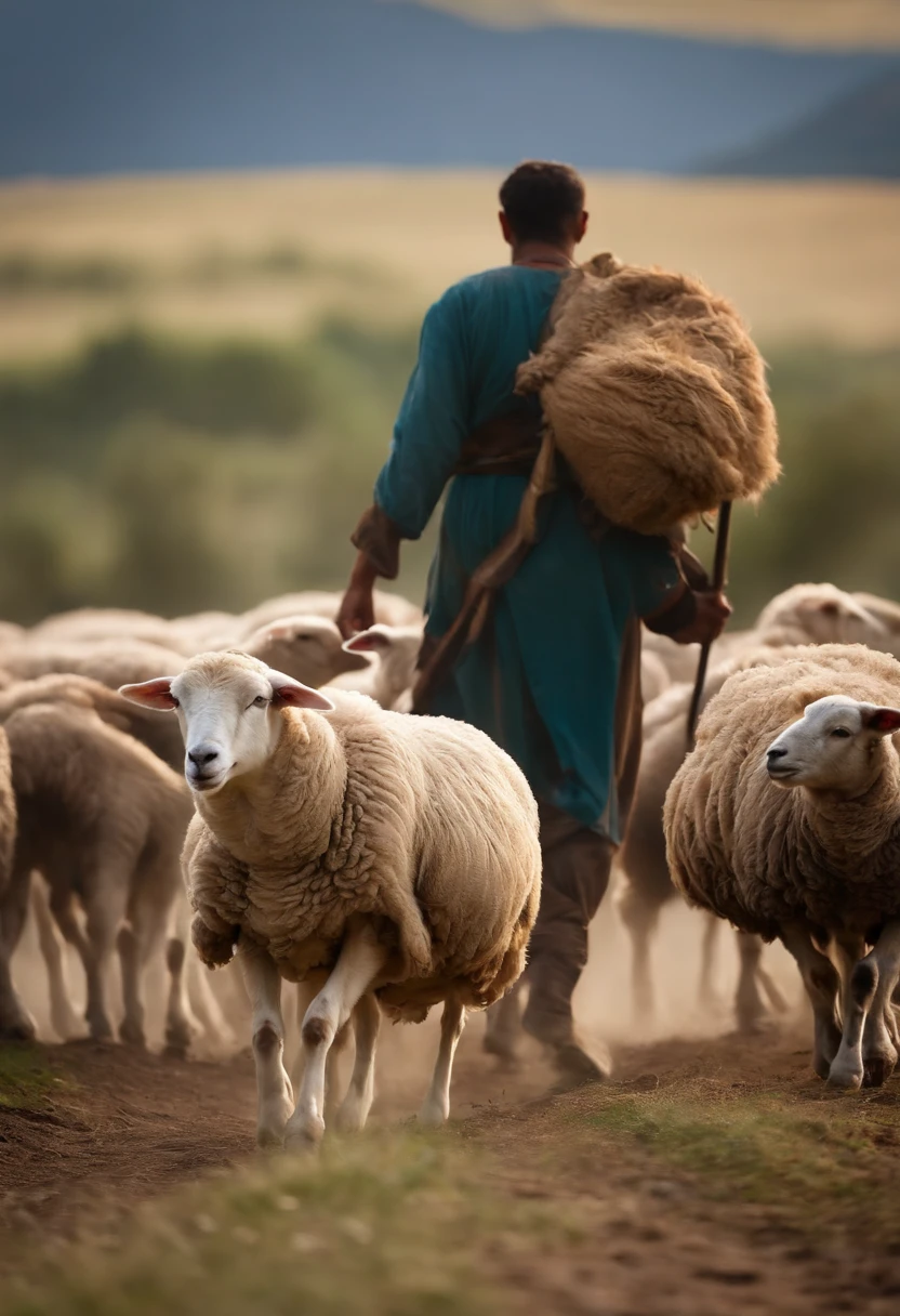 A shepherd carrying a  sheep towards his flock