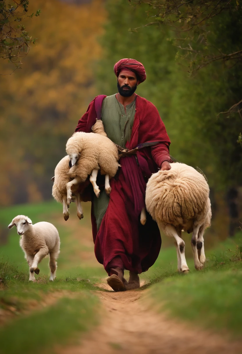 A shepherd carrying a baby sheep towards his flock