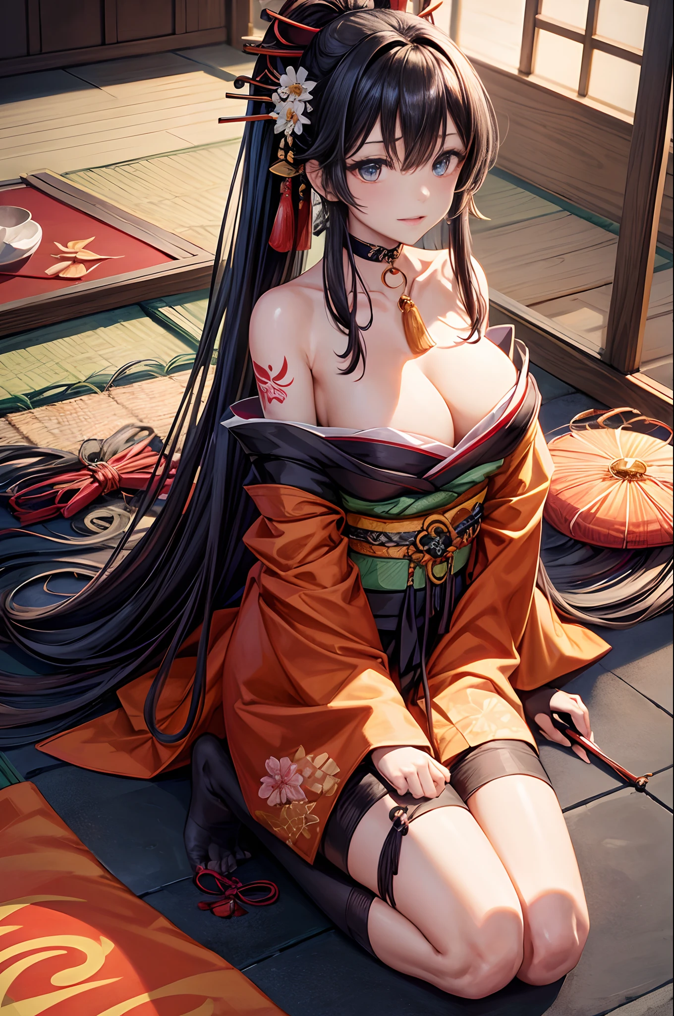 ​masterpiece、best、Hi-Res、1 female、A dark-haired、Medium Hair、Asymmetrical hair、Floating hair、blindfolds、High Ponytail、side locks、hair adornments、Fish hair ornament、tassels、Kanzashi、bangss、light blue  eyes、Beginning、ssmile, tusk, Only the upper teeth, a choker, a red choker, Pendant Choker, Butterfly Choker, 鎖骨, The tattoo,  Tattoo, Flower tattoo, cleavage of the , middlebreasts, thighs thighs thighs thighs, bandaged, Bandaged Legs, sarashi, Budget Sarashi,  sarashi, Black sash、 Hadanugi Dosa 、 Broomstick 、 Komono 、 Kimono 、 Drawstring 、 Obi 、 Obiage 、 Obi tightening 、 Orange kimono 、 Drawstring 、 Patterned kimono 、 noose 、 Obi 、 Shimenawa 、 Short kimono 、 Piece  shoulders 、 phantom（Genshin） 、 East Asian Architecture 、cherry trees, full body Esbian, crouching down, sparkler fireworks, natta, sparklers, sparklers, cross one's legs, an legs, single glove, Single fingerless gloves, wristbands, Black socks,