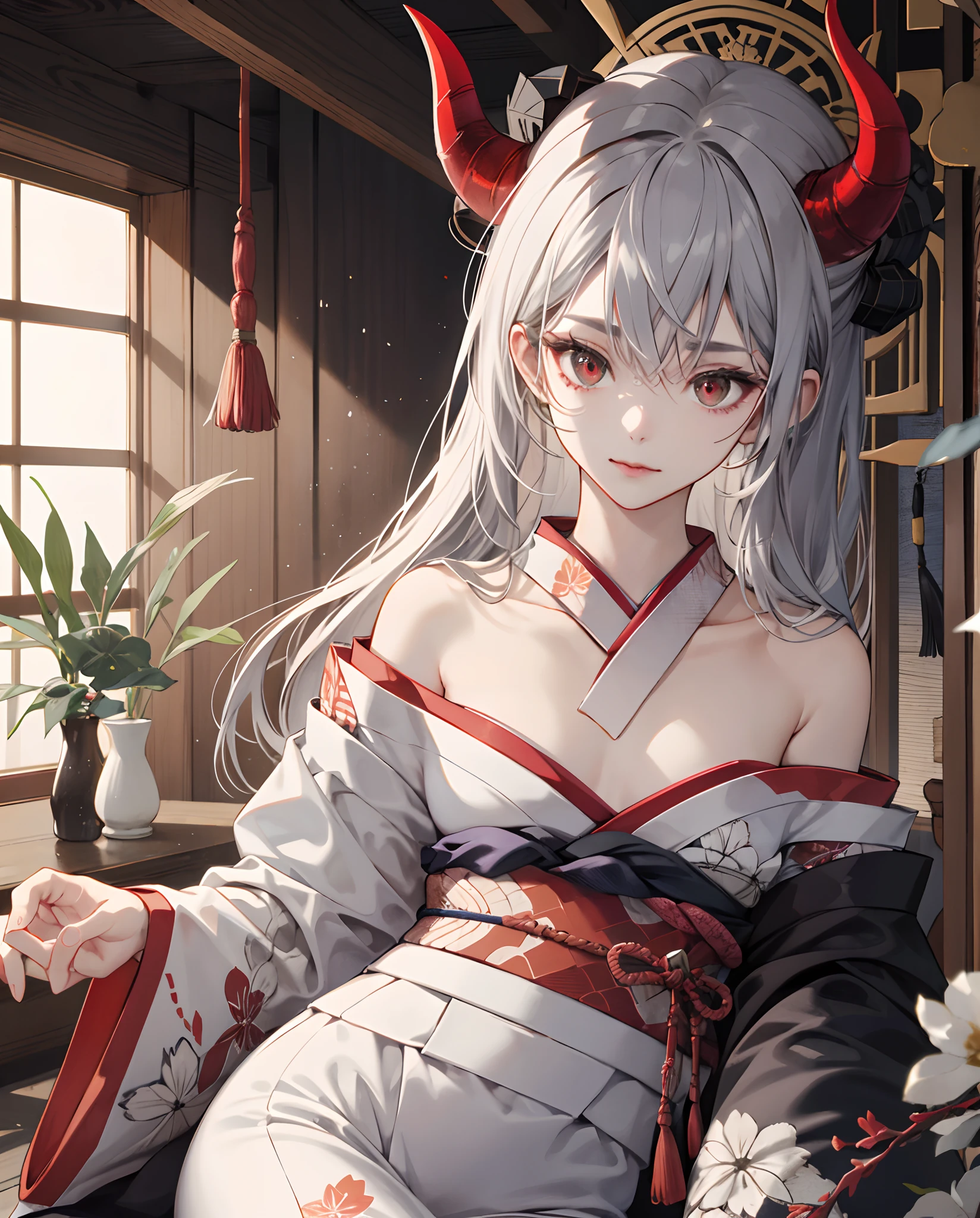Demon motif、He had gray hair and one of his horns was broken.（Horns are red→ white → black）Wearing a kimono、There is a maple pattern on the hem.、Petite woman with both shoulders out