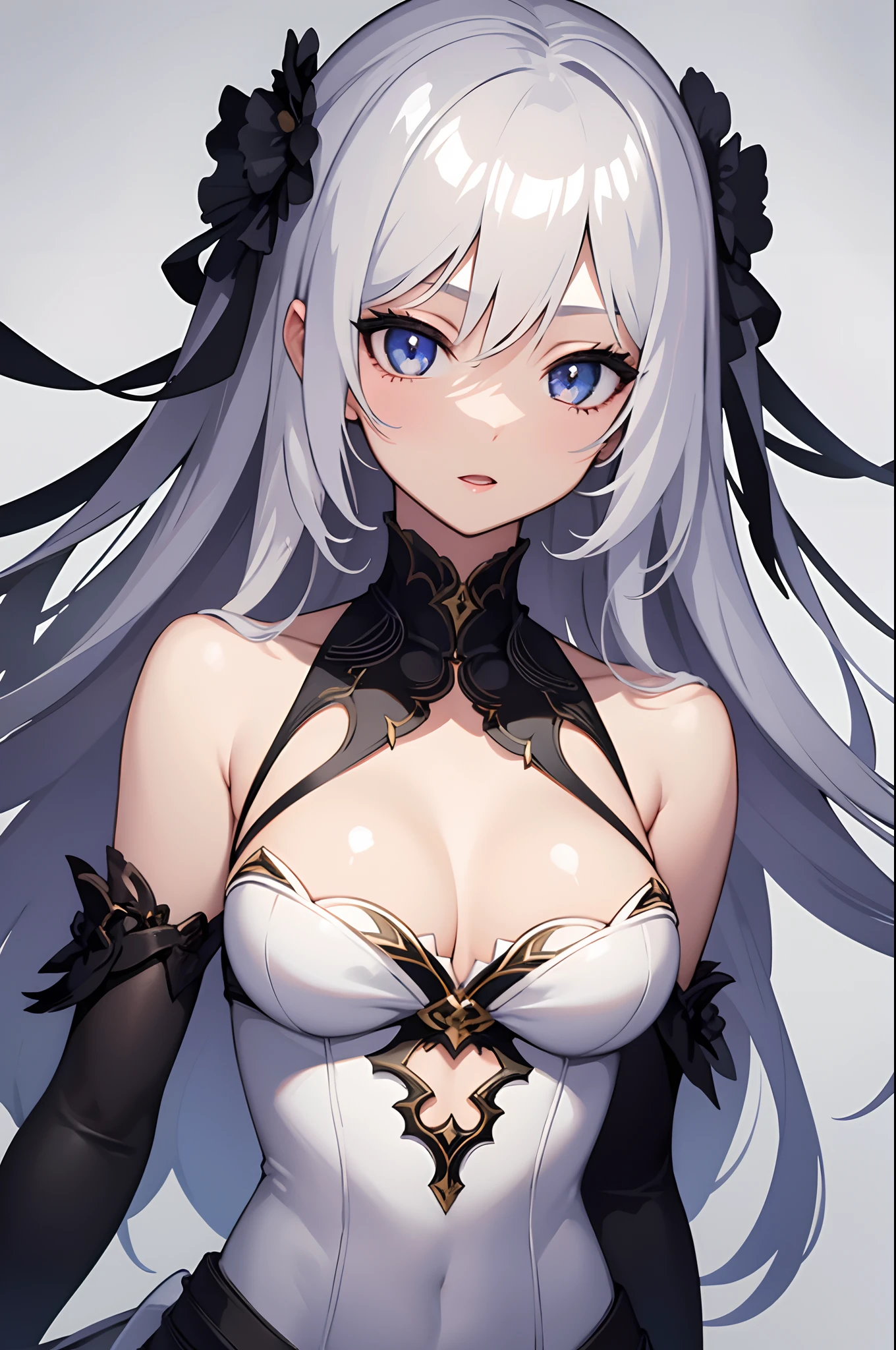 1girl, anime, cute girl, blank background, white background, fantasy, detailed dark fantasy dress with highlights, beautiful face, beautiful eyes, dark colors, medium breasts, slight cleavage, beautiful skin, cute, breast curtains, extremely delicate and beautiful, (beautiful detailed face:1.0), (detailed deep eyes), symmetrical breasts, deep eyes, shiny skin, portrait, slender waist, hips wider than shoulders, thighs, young girl