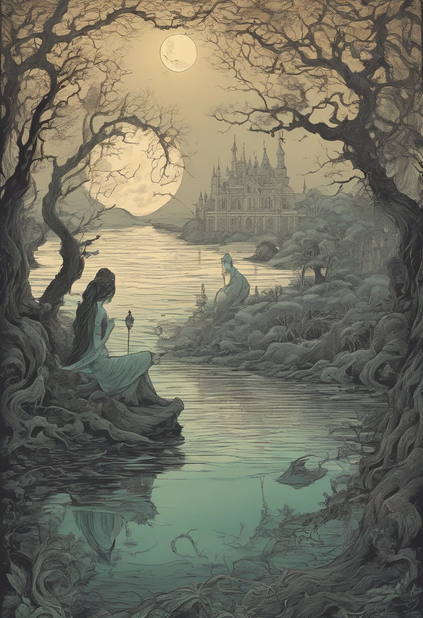 In the horrible fairytale swamp under the moonlight, The devil negotiates with the traveler, (Best quality,4K,8K,A high resolution,Masterpiece:1.2),Ultra-detailed,(Realistic, Photorealistic,photo-realistic:1.37), Dark fantasy, Haunting atmosphere, Mystical fog, Twisted tree roots, Creepy glowing mushrooms, Turbid green water, Mossy rocks, Surface ripples, Subtle moonlight reflections, The sinister silhouette of the devil, Sharp and dangerous features, Glowing red eyes, Ghostly pale skin, intricate tattoos, Vicious giggle, Tall and elegant traveler, worn-out clothing, determined expression, Hold aloft the flickering torch, Mysterious artifacts, Ancient parchment with mysterious symbols, Weird whispering, Heavy air full of tension, Dim candlelight, A hazy and ethereal figure lurks in the background, Haunting shadows cast by moonlight, Suspenseful atmosphere.