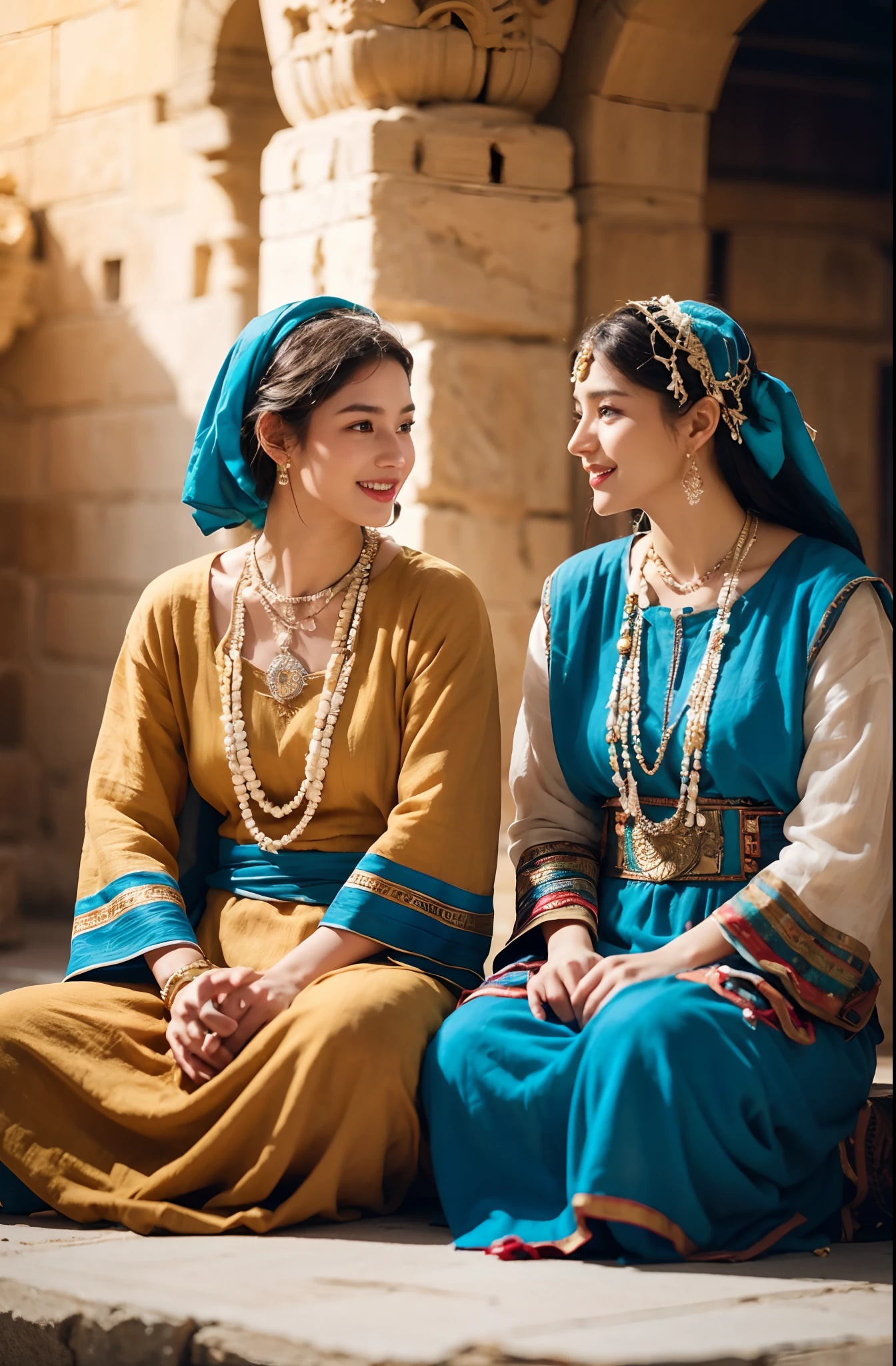 The proportions are the same for all races, All faces and pictures must be different, High quality, Ultra-realistic, Close-up portrait of two beautiful women in ancient Mesopotamia,leering:1.4,Dynamic pose, Ancient Mesopotamian civilization, Babylonia, Uruk, Tunic in various lengths, Linen clothing, Onyx necklace,Translucent Paisley costume, Kaunax, Bronze vessels, a little bit smile, High adobe walls, Luminism, a 3D render, rendering by octane, Cinematic, isometry, Awesome full color, 8K Ultra HD, author：Snow barn, high detal,