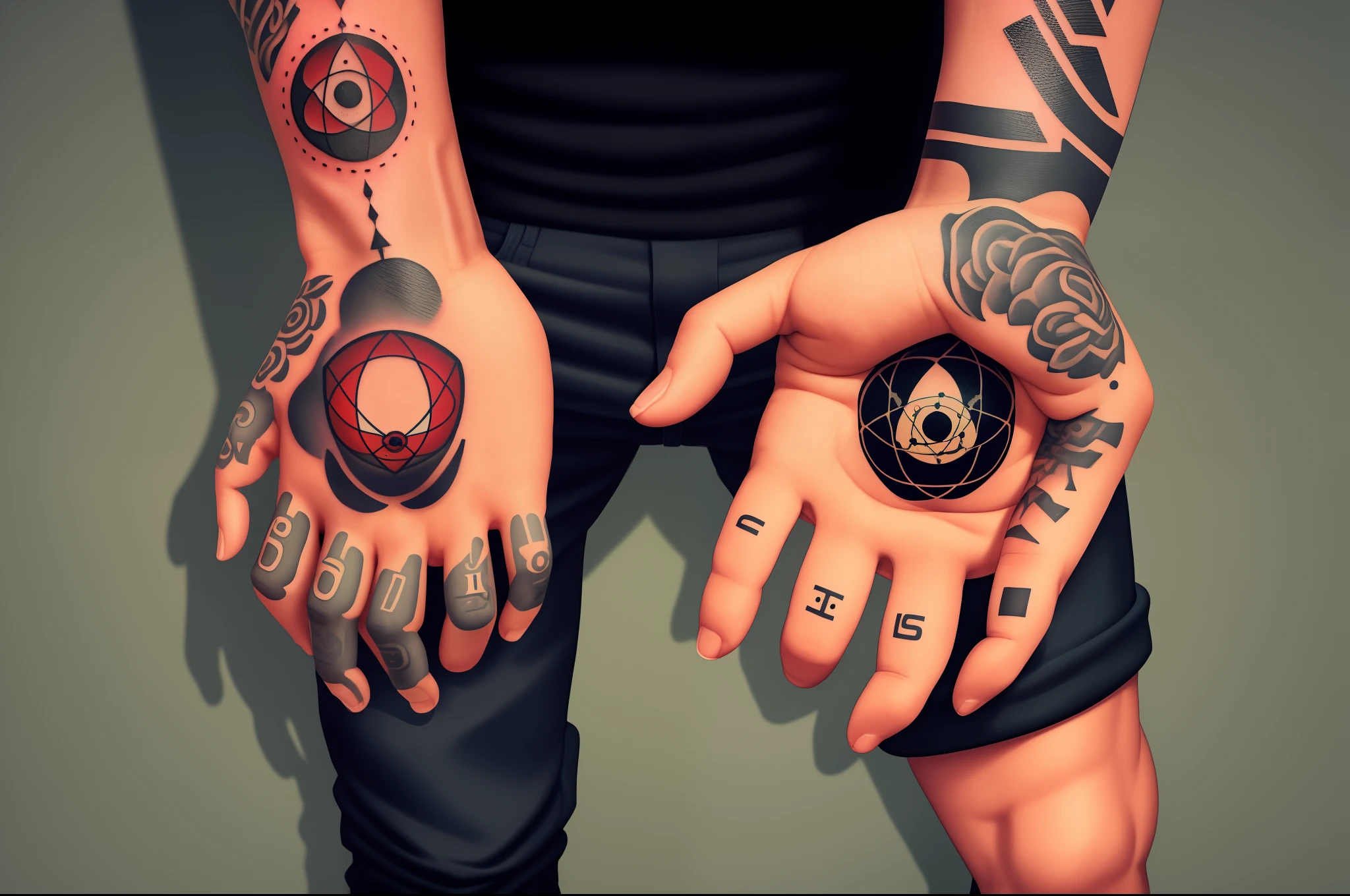 A tattoo of an atom on a strong man's hand,na parte de cima escrito Eros nos dedos