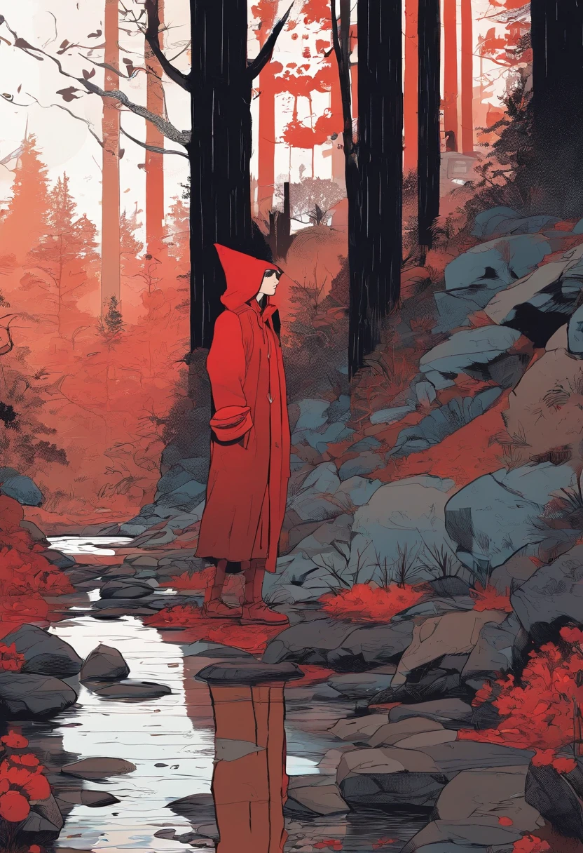 Pluie, dark forest. une fille au second plan : de profil, red clothing, avec un chat. very dark