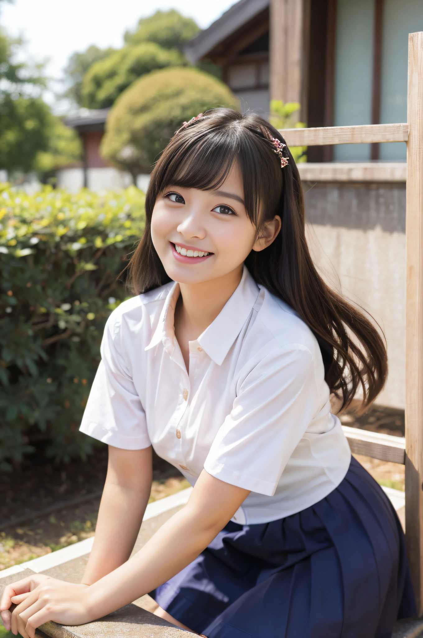 (Realistic, photographrealistic:1.3), ((Best Quality))、(Show panties:1.2), beautiful faces detailed, Real Human Skin, Gentle expression, Front view, Angle from below, Realistic, Photorealistic, Cute, Short skirt, Cute Japan Junior High School Girl, Whole body,Happy smile, Natural smile, A charming smile, seducting smile, (Looking at Viewer:1.2),(Precise body:1.3)、slightly brighter eyes、鎖骨、(I can't see the inner shirt:1.3)、(Gothic lolita:1.3)、lolita dress