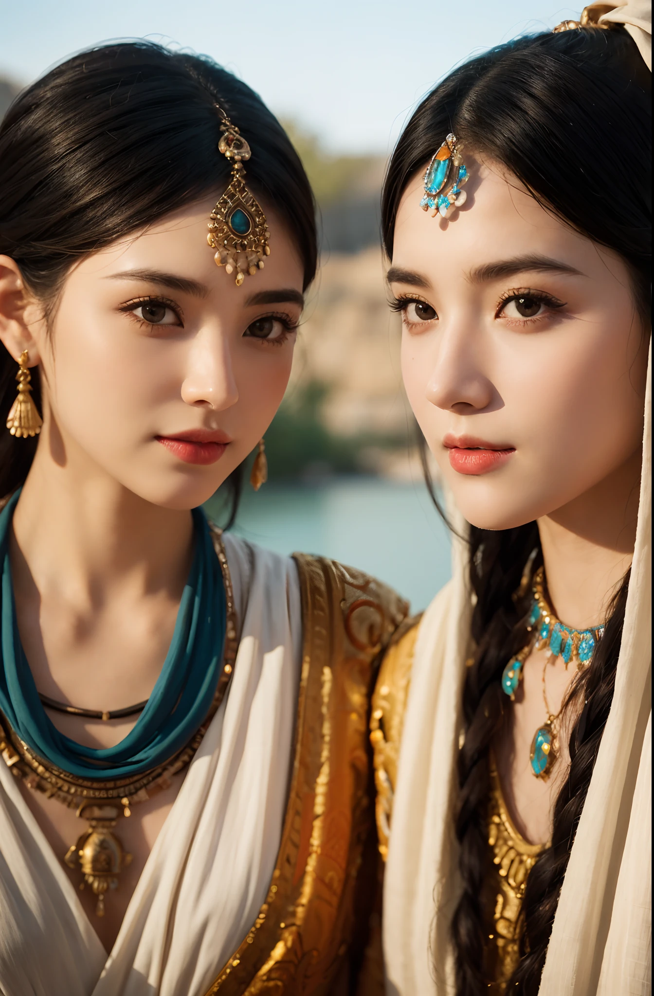 The proportions are the same for all races, All faces and pictures must be different,high quality, ultra-realistic, closeup portrait of two Beautiful women of ancient Mesopotamia, full body, ancient Mesopotamian civilization, Babylonia, Uruk, tunics of various lengths, linen garments, agate necklaces, paisley clothing, Kaunakes, bronze ware, a little smile, high adobe walls, luminism, 3d render, octane render, cinematic, Isometric, awesome full color, 8K Ultra HD, by yukisakura, high detailed,