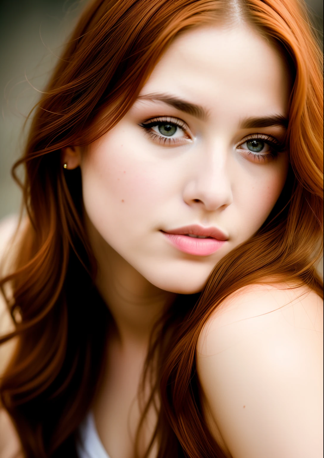 RAW, analog style, A stunning portrait of a young, beautiful woman with striking features. She should have long, flowing red hair, a captivating gaze, and an alluring expression. The background should be neutral and simple, allowing the woman to be the image's focal point. ((skin detail)), Please pay close attention to the details, such as the highlights and shadows on her face and hair, to create a lifelike and realistic image. Experiment with different lighting techniques to enhance the mood and atmosphere of the portrait. The final product should be a masterpiece that captures the essence and beauty of the woman, ((highly detailed skin, skin details)), sharp focus, volumetric fog, 8k UHD, DSLR, high quality, film grain, Fujifilm XT3, full body
