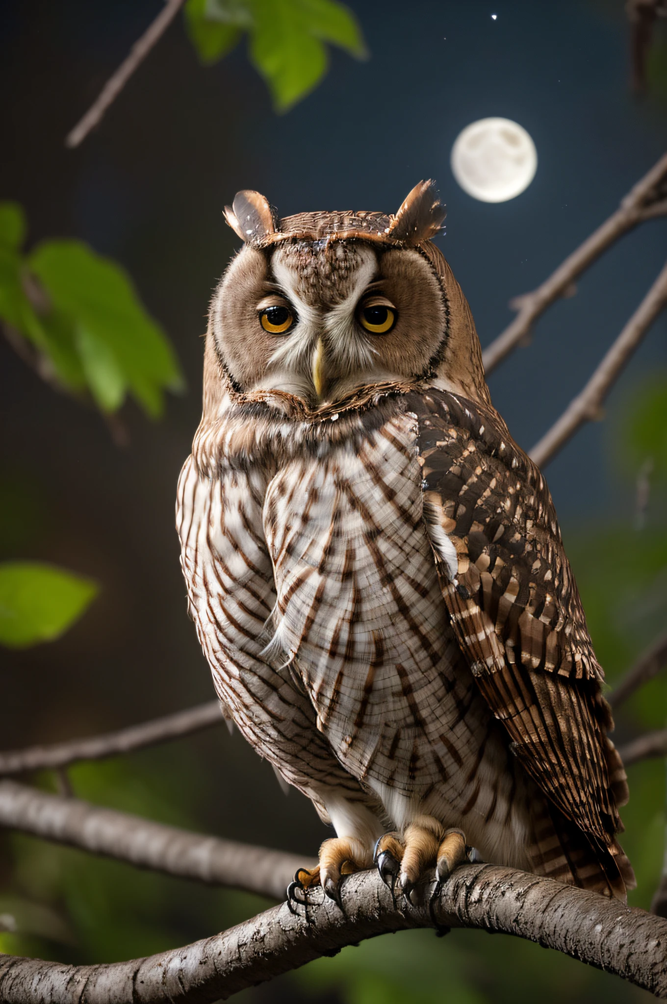 "RAW photo, best, masterpiece, best quality, high quality, extremely detailed, a rust brown owl with black spots, in a leafy tree, it's a crescent moon night, stars in the sky, cinematic color, scene from a movie , intricate details, the best quality, very realistic."