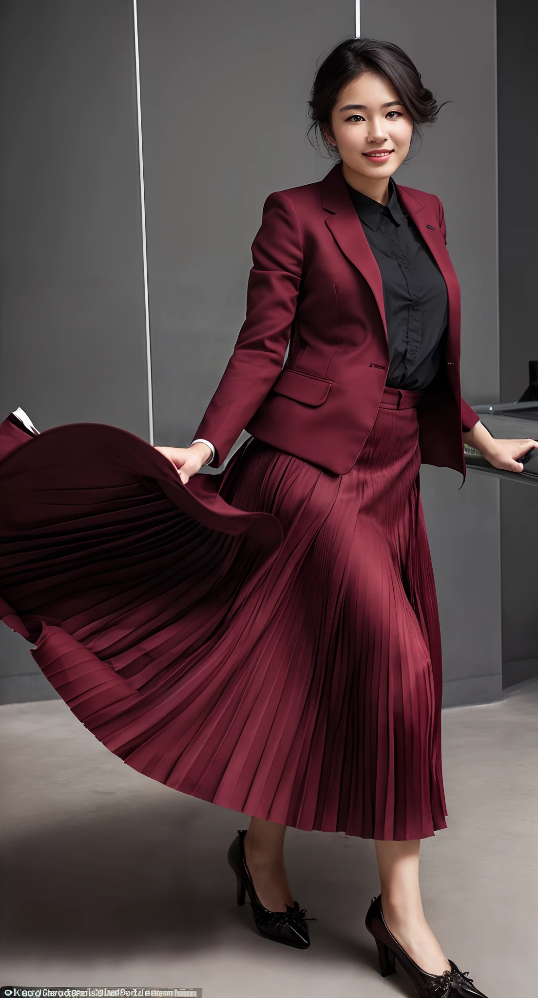 (shy:1,2) (smiling;1,1) woman playing with skirt, dancing, wearing short blazer and very very detailed (long (fully pleated) full circle skirt) and (simple) low heeled office shoes, very very intricate hyper-detailed symmetric (attractive graceful young feminine face) with (sad, tired eyes and a shy smile), large breasts, full of empathy and compassion and love, (pronounced (feminine) features), (highly detailed ultra accurate realistic) hands and fingers, (windy conditions and wind blowing), epic composition, highly detailed attributes, highly detailed space station background, (35mm f1.4 Kodak portra 400 photograph), extremely high quality RAW photograph,
