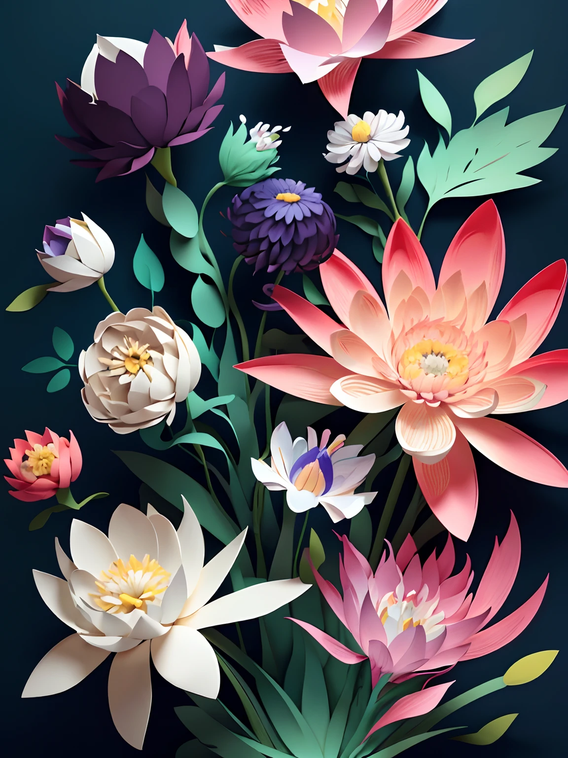 （（（tmasterpiece））），best qualtiy，illustratio，Clouds in the sky，clubs，orchid，，Bamboo，chrysanthemums，ventania，dandelion，grassy fields，Symmetrical morning glory，Paper_cut，Bright color scheme, Soft light，(warm color:1.2),watercolor paiting, Light background, best quality exquisite details, 3D rendering of, rendering by octane, Pastel, Paper_cut, Gradient color matching from indigo to purple