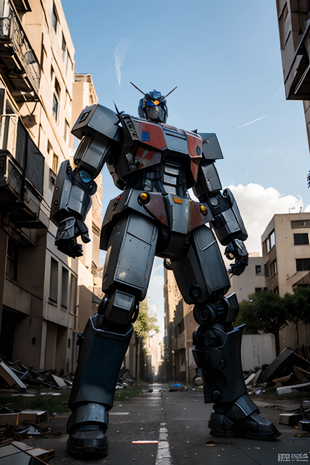 Giant transformers robot build from old computer parts in the city of ruins