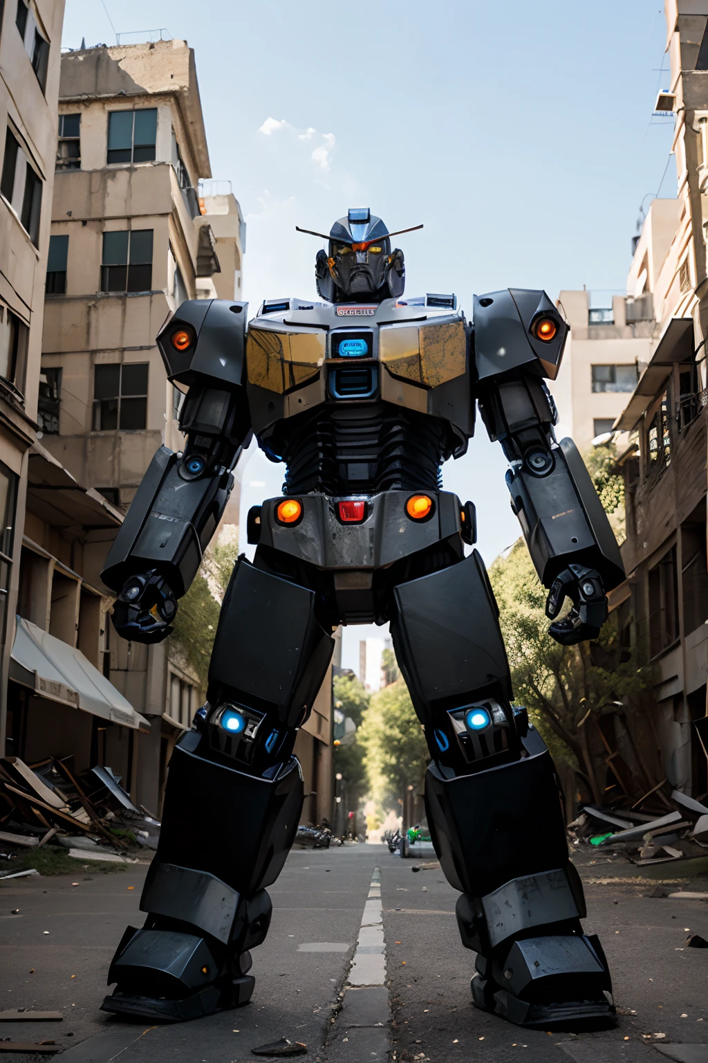 Giant transformers robot build from old computer parts in the city of ruins