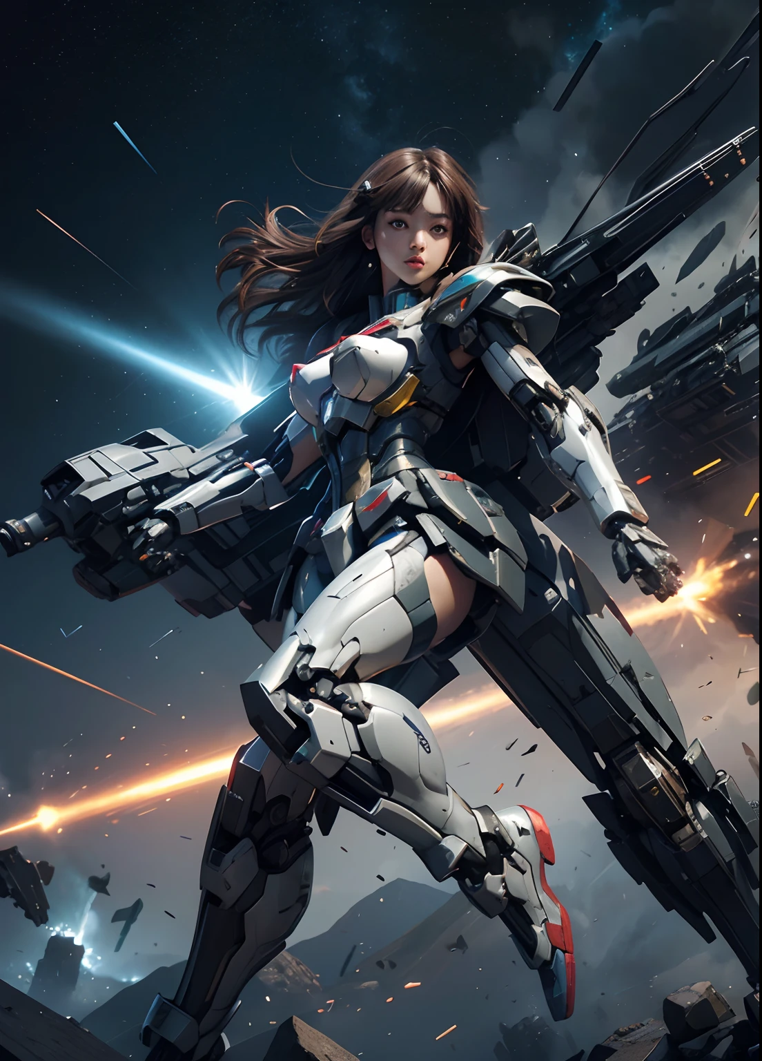 Textured skin, Super Detail, high details, High quality, Best Quality, hight resolution, 1080p, hard disk, Beautiful,(Gundam),Capture the whole,beautiful cyborg woman,Mecha Cyborg Girl,Battle Mode,Girl with a Mecha Body,She wears a futuristic Gundam mecha,fullllbody