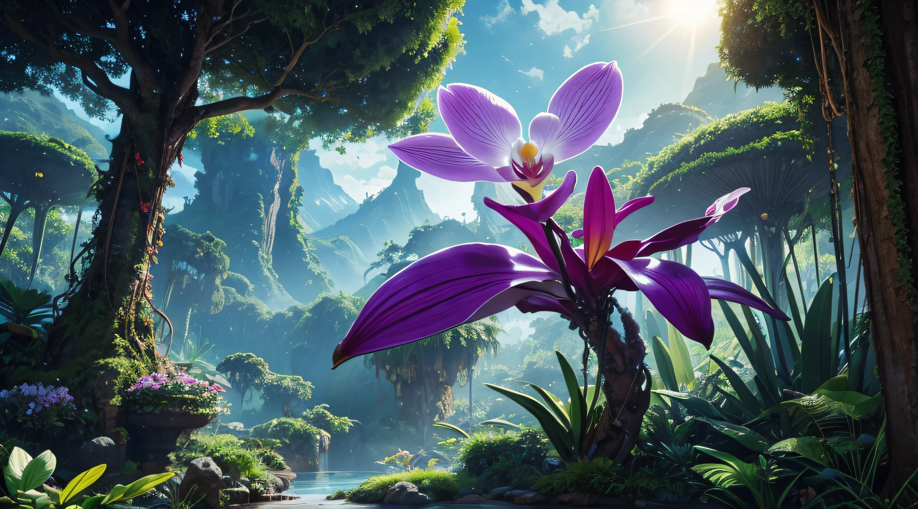 huge beautiful flower plant alien androgynous, bestial, universe, kundalini, sun, orchid orange groot skin, alien body, full body, bestial, bestial, galaxy orchid, ancient source energy, energy dissipation, roots, tropical forest, montain, daylight, beautiiful trees, spiral, beautiful view of the treetops, orchid garden, orchid, orchid, huge orchid, sci-fi