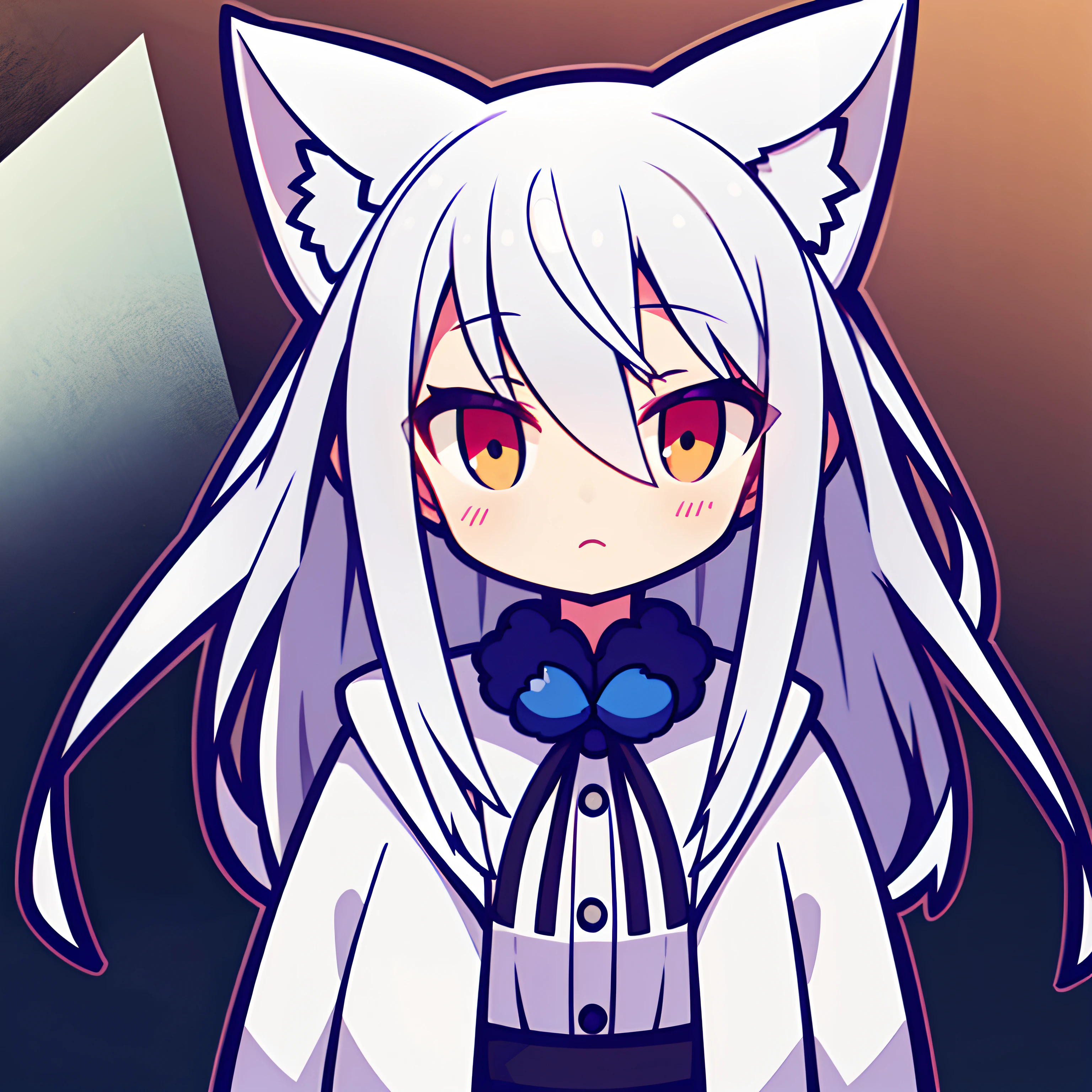 White silk knee socks,Short skirt,Boots,Lining,Big coat,White hair,Red eyes,Cat girl,small headdress