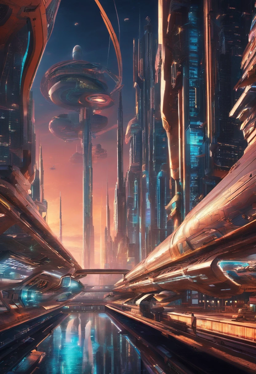 Futuristic city with futuristic train and futuristic buildings at night, Futuristic concept art, in other words、Futuristic city, in fantasy sci - fi city, Beautiful city of the future, futuristic utopian city, Concept Art 8K Resolution, Concept Art 8K Resolution, City of the Future, futuristic space port, concept art 8 k, Science Fiction Hollywood Concept Art