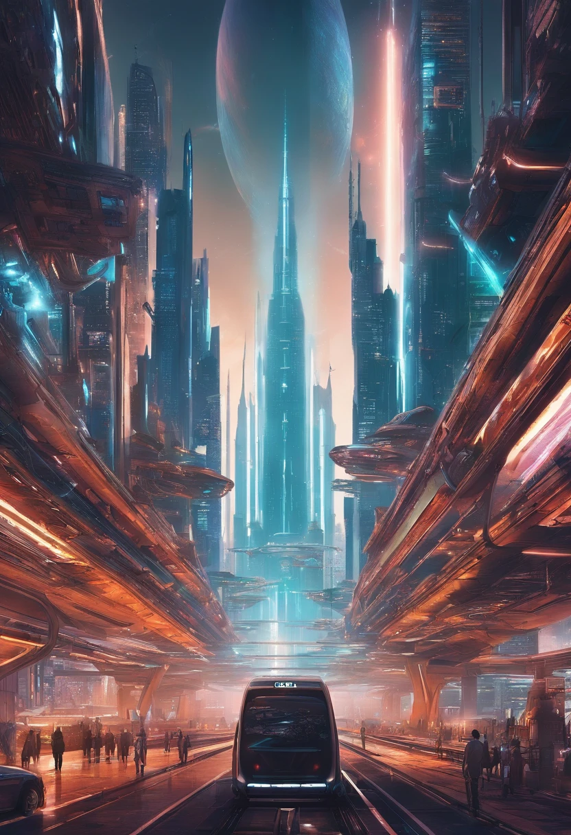 Futuristic city with futuristic train and futuristic buildings at night, Futuristic concept art, in other words、Futuristic city, in fantasy sci - fi city, Beautiful city of the future, futuristic utopian city, Concept Art 8K Resolution, Concept Art 8K Resolution, City of the Future, futuristic space port, concept art 8 k, Science Fiction Hollywood Concept Art