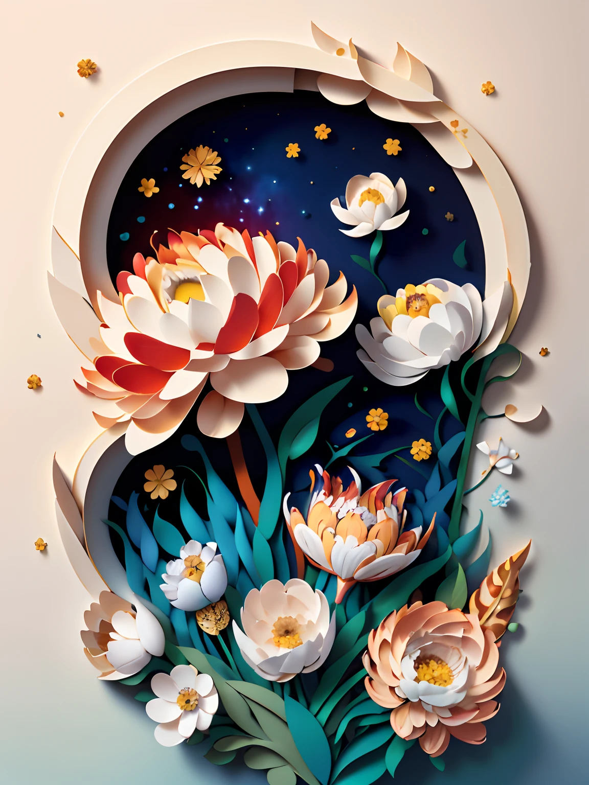 （（（tmasterpiece））），best qualtiy，illustratio，​​clouds，clubs，orchid，，Bamboo，chrysanthemums，ventania，the space，Paper_cut，bright color scheme, Soft light,(Warm colors:1.2),watercolor paiting, Light background, Best quality, Exquisite details,3D rendering of,octanerender, Pastel, Paper_cut