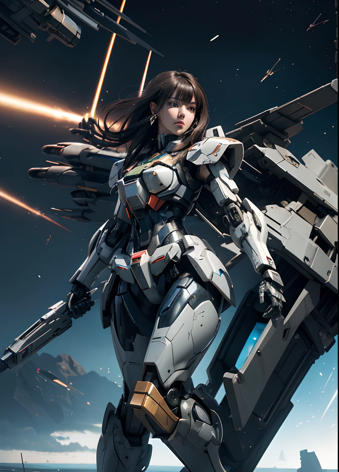Textured skin, Super Detail, high details, High quality, Best Quality, hight resolution, 1080p, hard disk, Beautiful,(Gundam),Capture the whole,beautiful cyborg woman,Mecha Cyborg Girl,Battle Mode,Girl with a Mecha Body,She wears a futuristic Gundam mecha,fullllbody