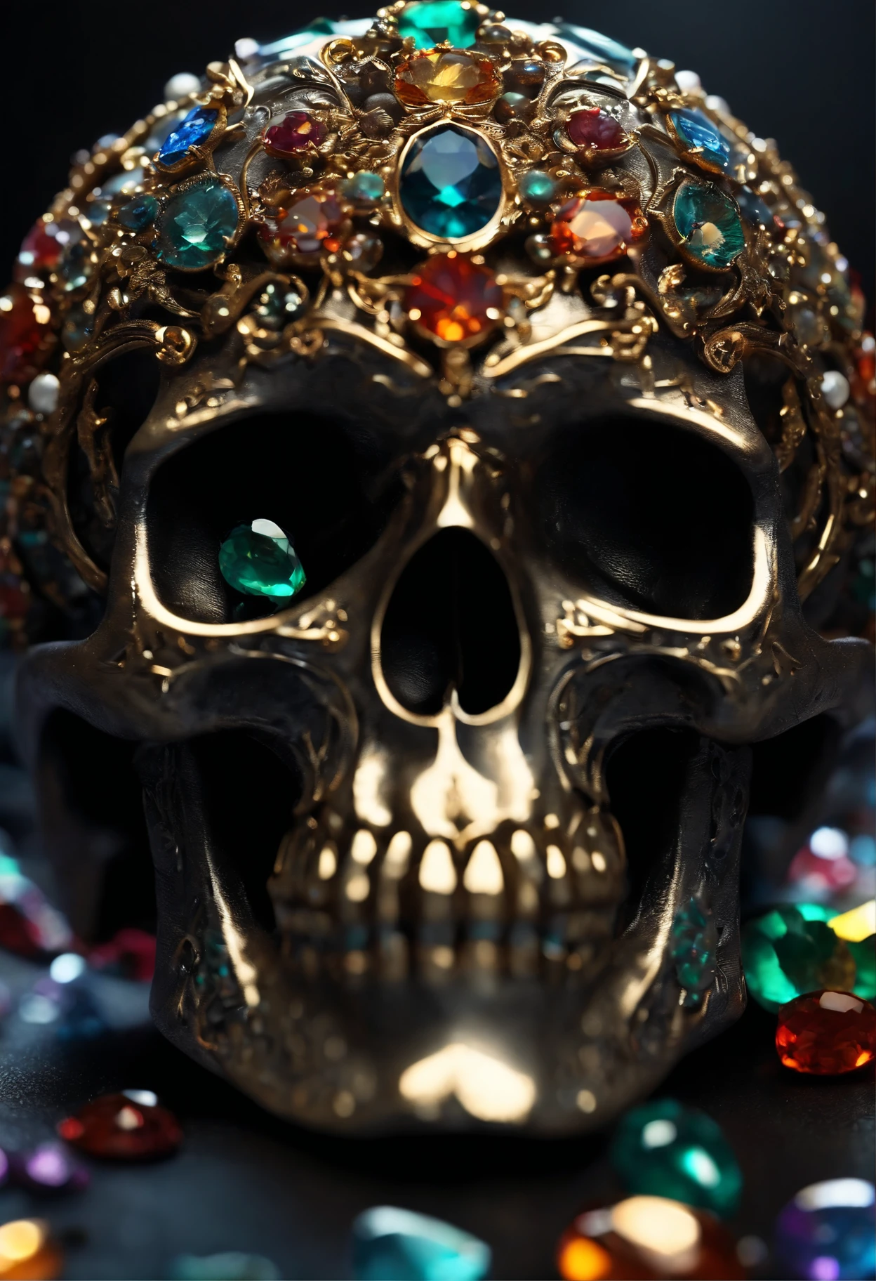 (Colorful magic), (Grim), Magical skulls among gemstones, Focus on the ring ,(Intricate details), (ultra - detailed), 16K HD, high detal, A lot of detail, High quality, Soft cinematic light, Dramatic atmosphere, Atmospheric perspective