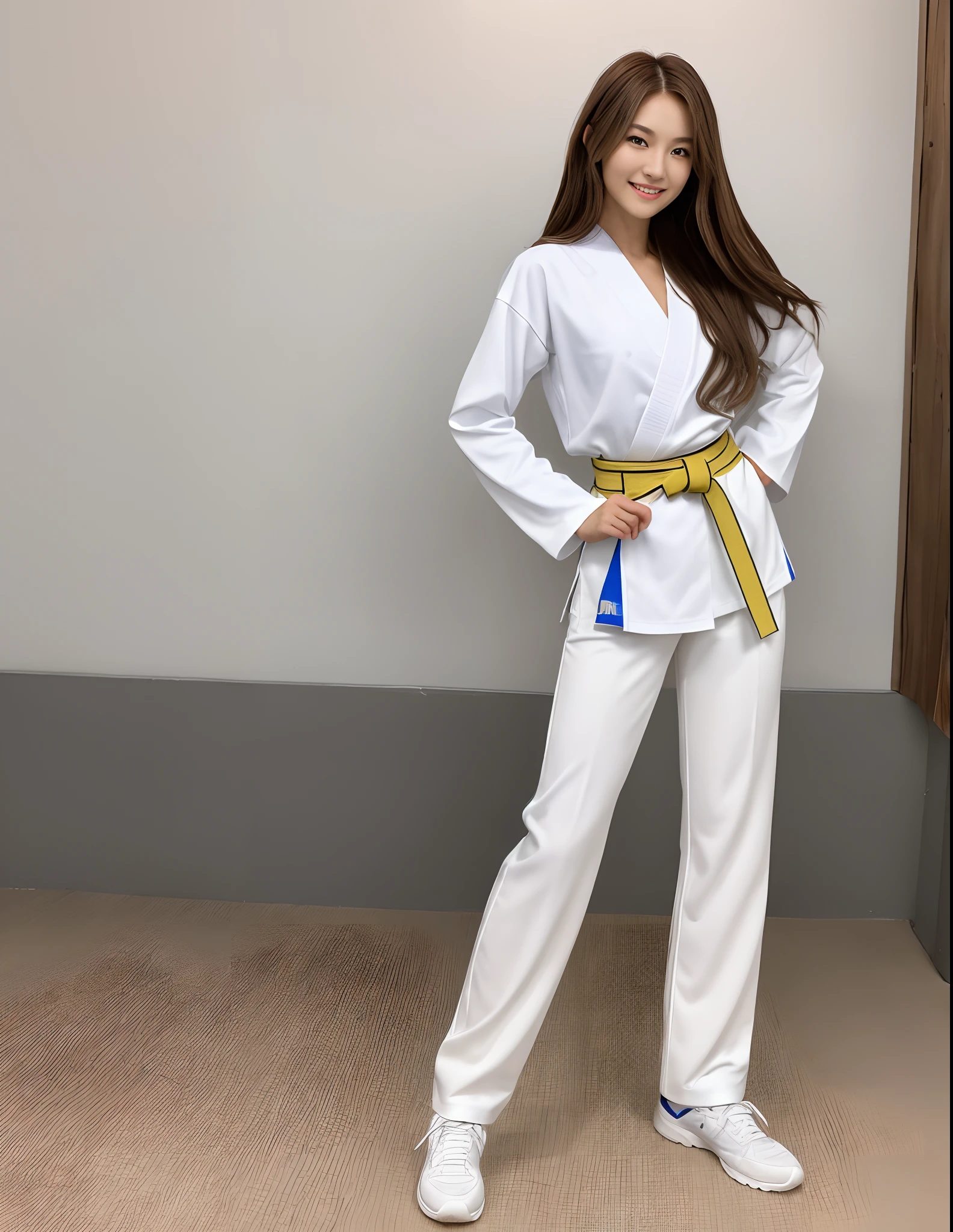 (Photorealsitic)(sixteen years old), Perfectly beautiful woman, (Full body 8K portrait), break dance, Stick out your fist, Large and dynamic hand and foot movements, Correct skeleton, White Karate Uniform, White karate pants, Large bust, Perfect facial detail, (Smile: 1.15), attractive beautiful face, gazing at viewer, a small face, 二重まぶた, Beautiful detailed eyes, long eyeslashes, ligh brown hair, Hairstyle is bob style, Toned waist, large full breasts, Beautiful thin legs, toned ankles, bare-legged ,TOKYOcty
