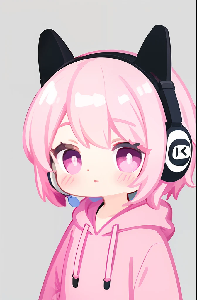 1girl in, Pink hair、Pink eyes、Delicate eyes、cute little、Chibi、Lori、(head phone)、parka、pink hoodie