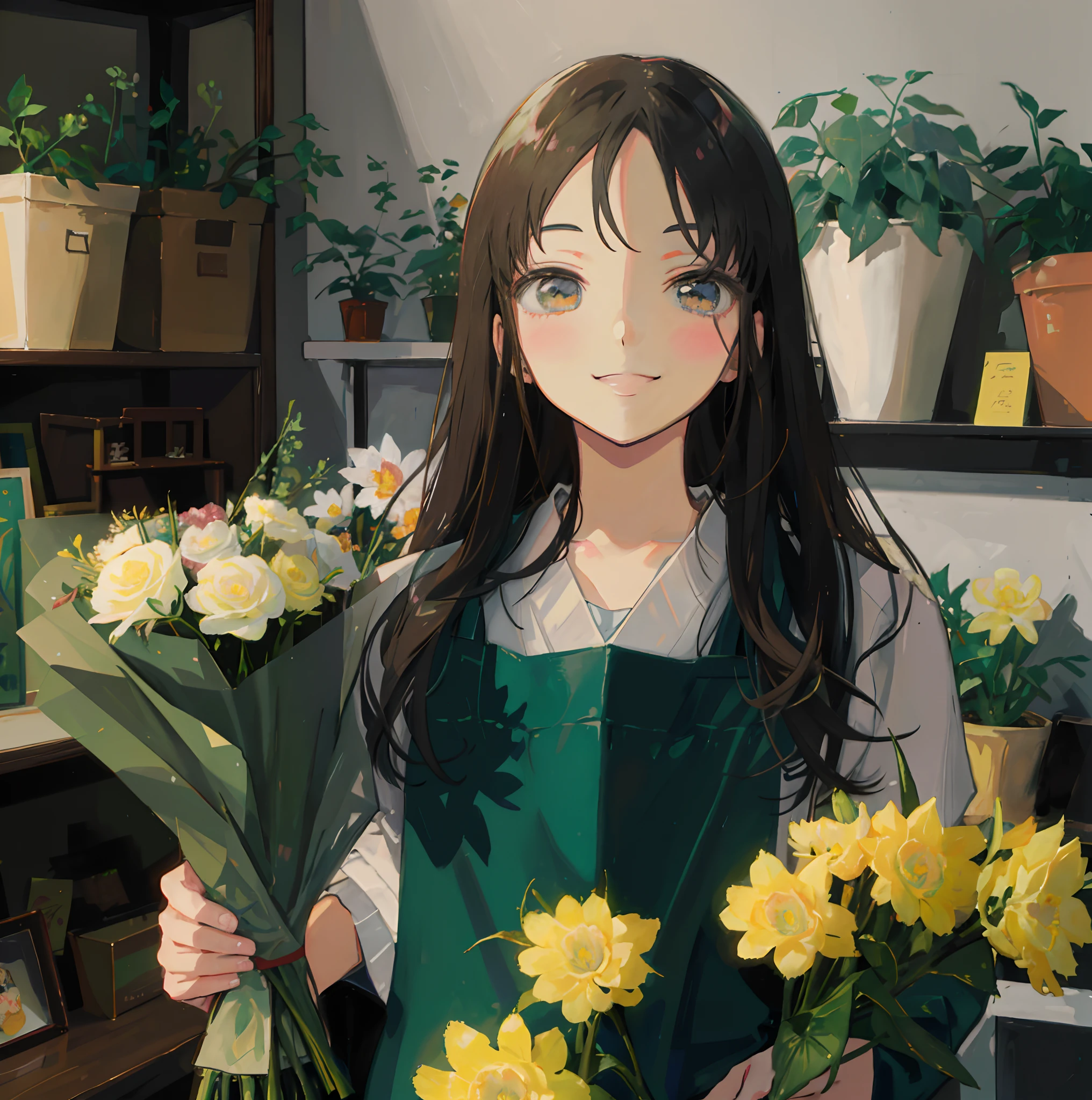 there is a cute anime girl holding a bouquet of flowers in a room, smiling cutely at the viewer ,  attractive girl, no hairbangs,  holding flower, flower shop scene, indoor, with flower, medium portrait, carrying flowers