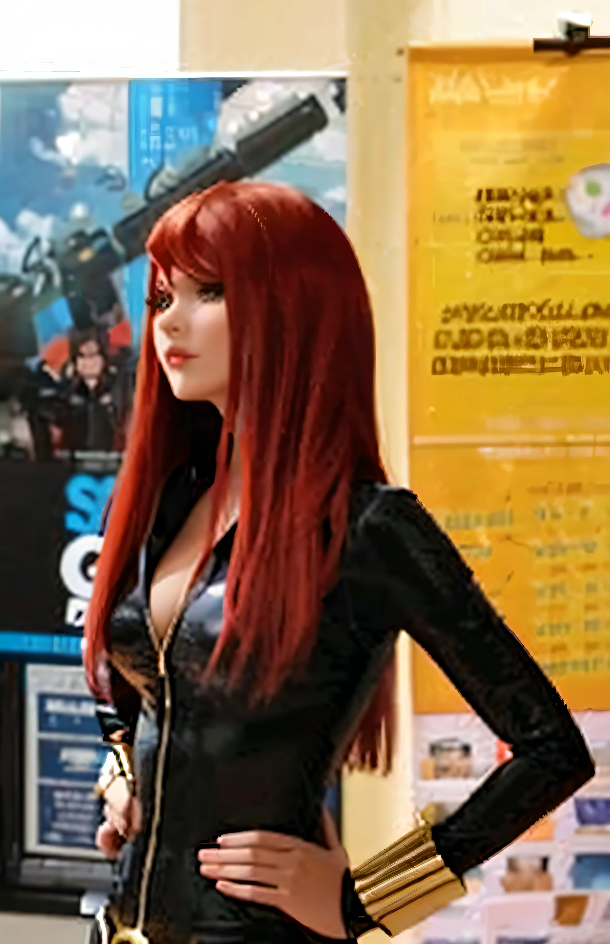 The image features a woman participating in a cosplay event, dressed as the character Black Widow from the Marvel Comic Universe. The woman is wearing a black leotard with gold accents, including gold wrist guards. Her long, red hair matches the signature style of the character. She is posing confidently with her hand resting on her hip, capturing the essence of the event.