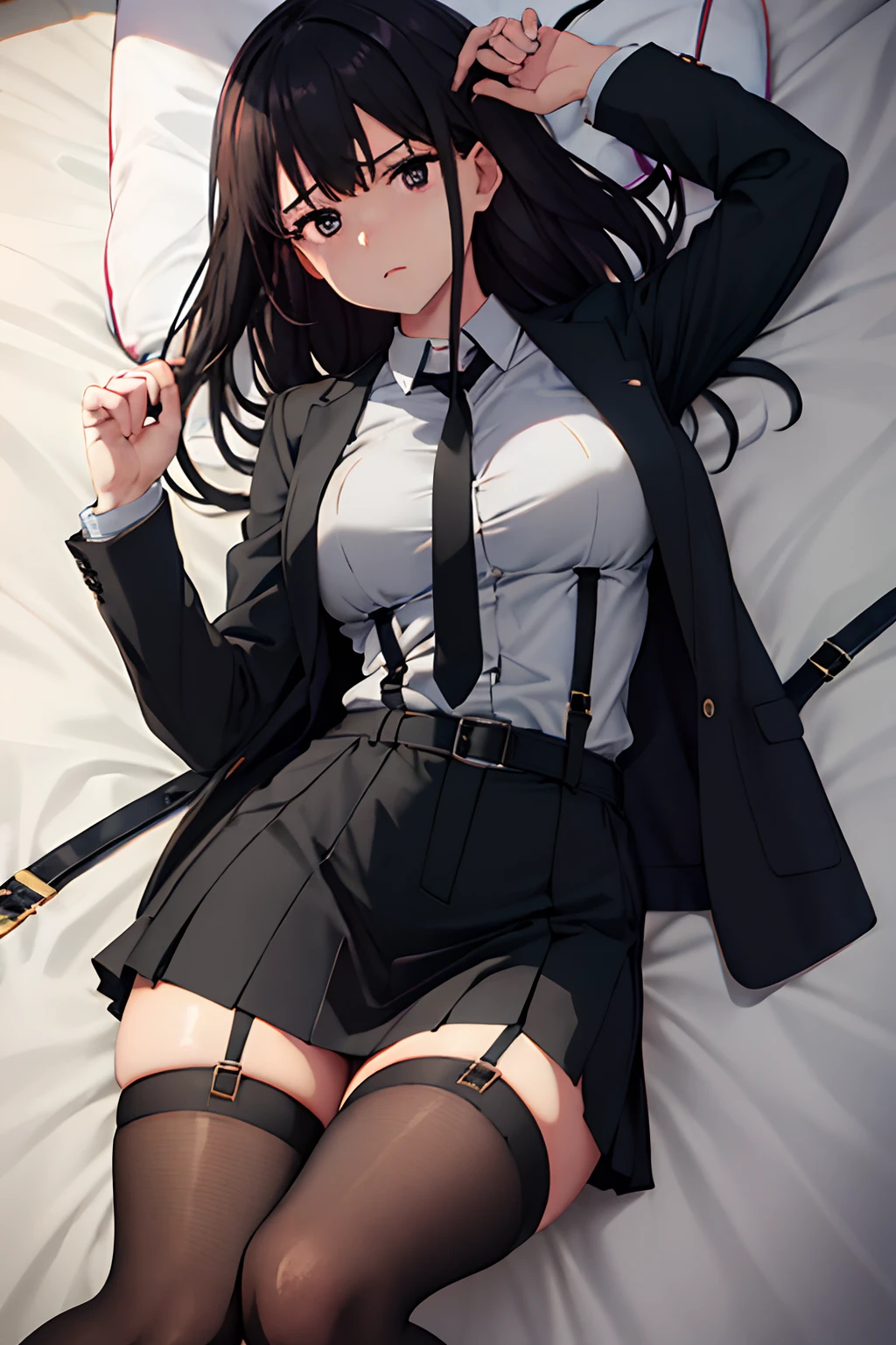 Suit,Collared shirt,Belt bag,Suspenders Black Miniskirt garterbelts knee high Stockings Black Niso Colorcon armpit sweat perspiring Side of both hands,Black jacket,Gaze,ample bosom,Armpit sweat,Exposing the armpits"Tight clothes、Raise your hands、wristbands Lying in bed Behind the back