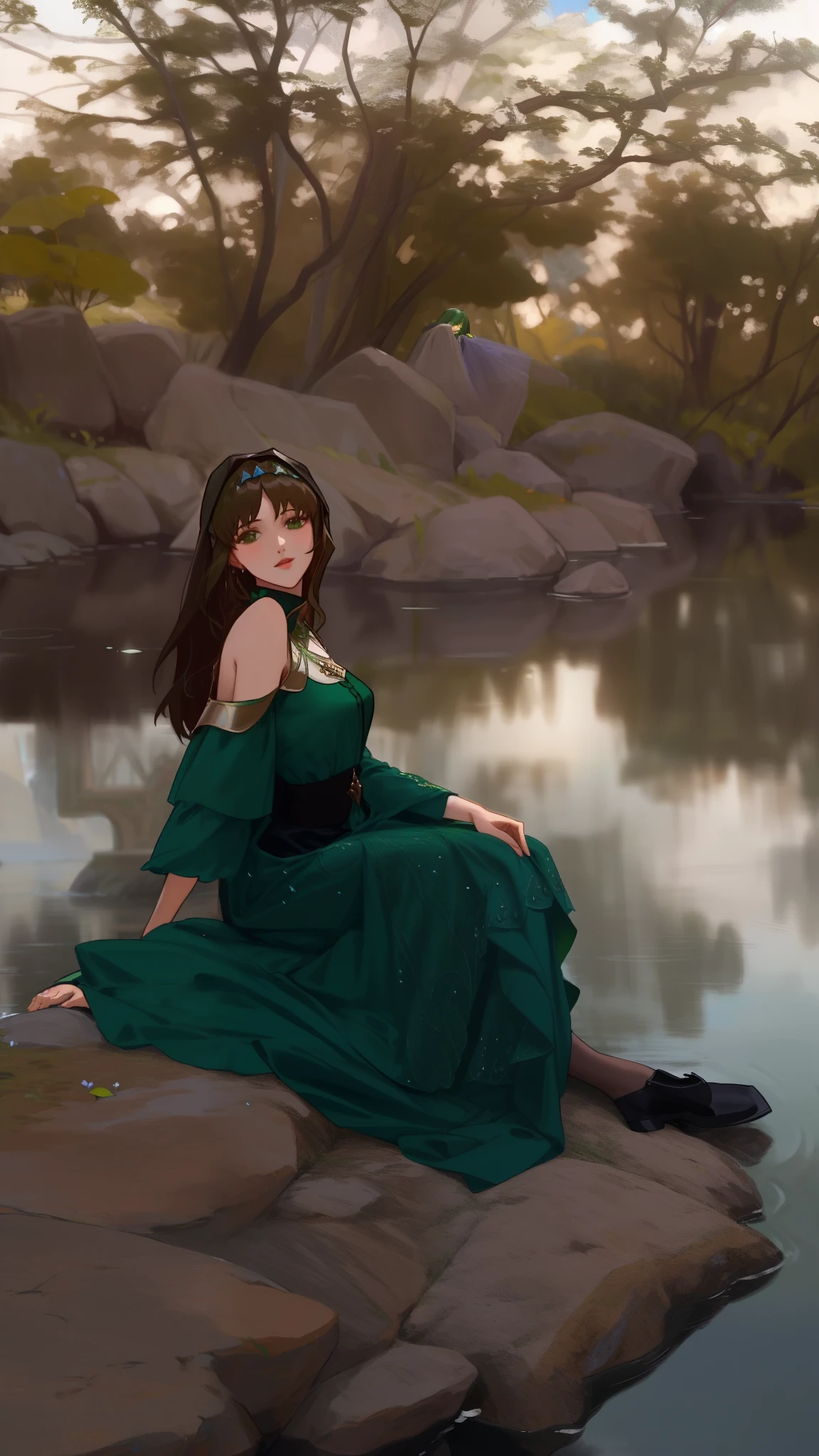 Arafed woman in a green dress sitting on a rock near a body of water, fantasy photoshoot, vestido verde, inspirado em John William Waterhouse, vestido verde esfarrapado, Terno estilo Vitoriano, Vestido vitoriano, vestido verde escuro, donzela bonita, inspirado em Apollinary Vasnetsov, como um personagem de fantasia medieval, vestido verde com um capuz preto, monia merlo