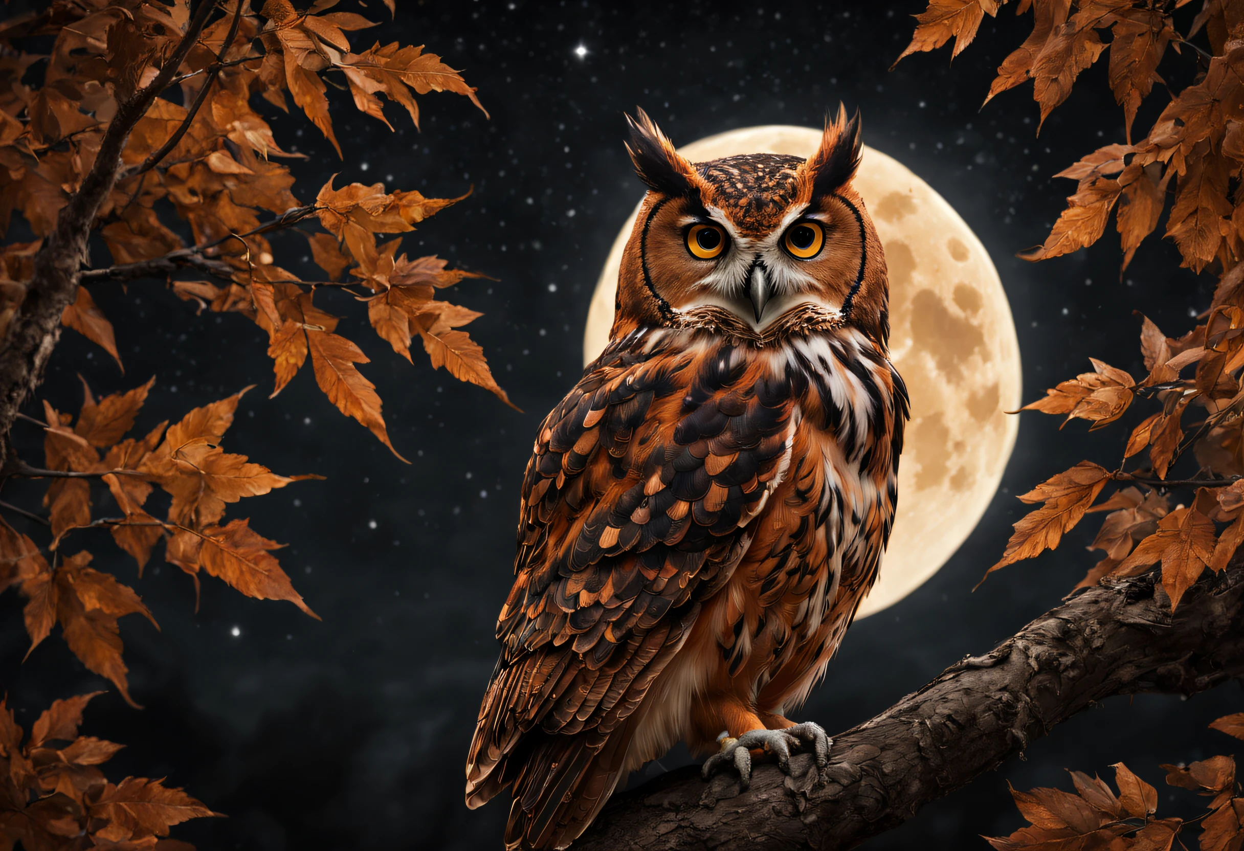 "RAW photo, best, masterpiece, best quality, high quality, extremely detailed, a rust brown owl with black spots, in a leafy tree, it's a crescent moon night, stars in the sky, cinematic color, scene from a movie , intricate details, the best quality, very realistic."