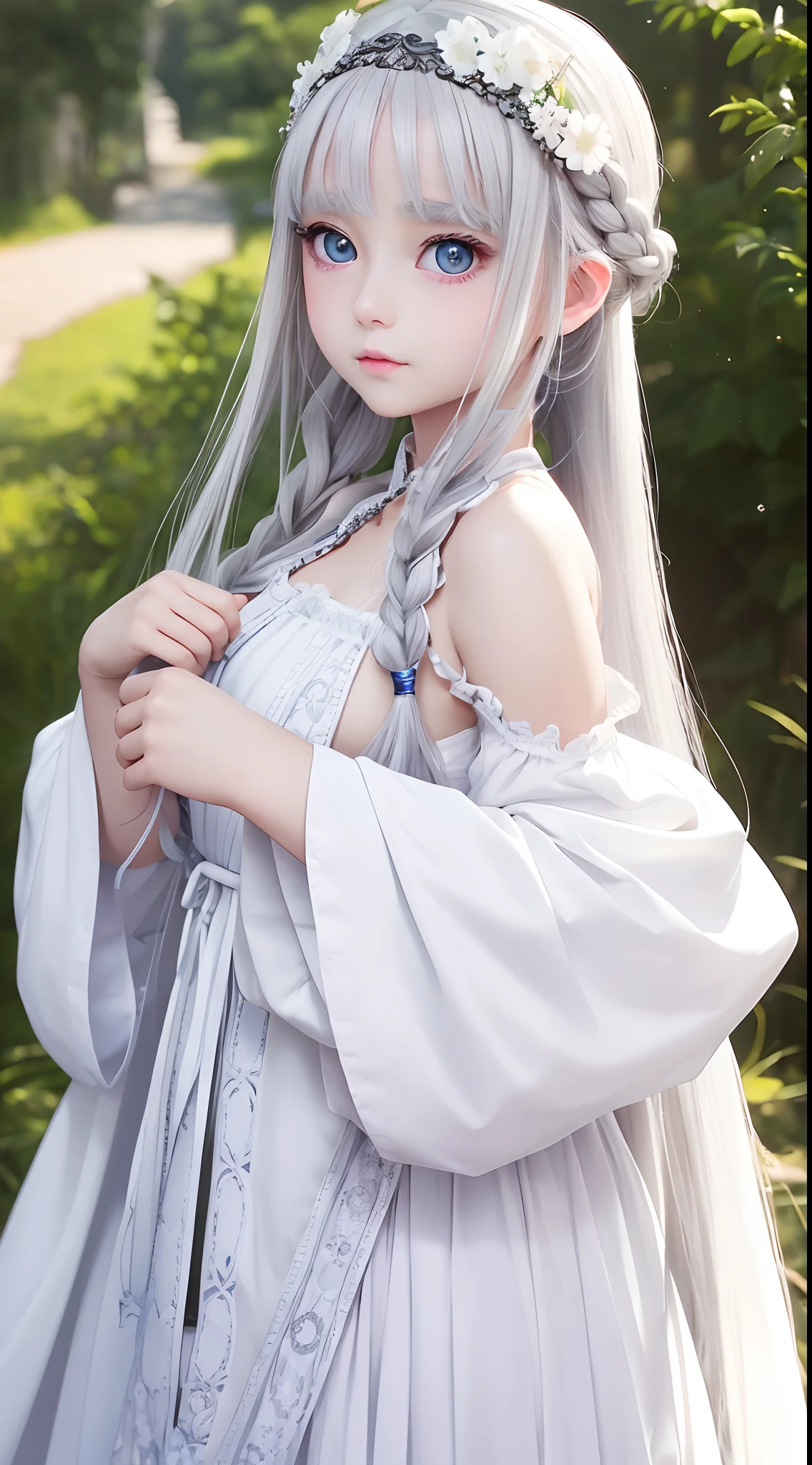 The girl has very white skin and beautiful、Wearing a white national costume、I wear a lot of fancy accessories、Gray hair braid、Big beautiful eyes、Beautiful white silver eyes、Three-dimensional anime girl、Big eyes like anime、