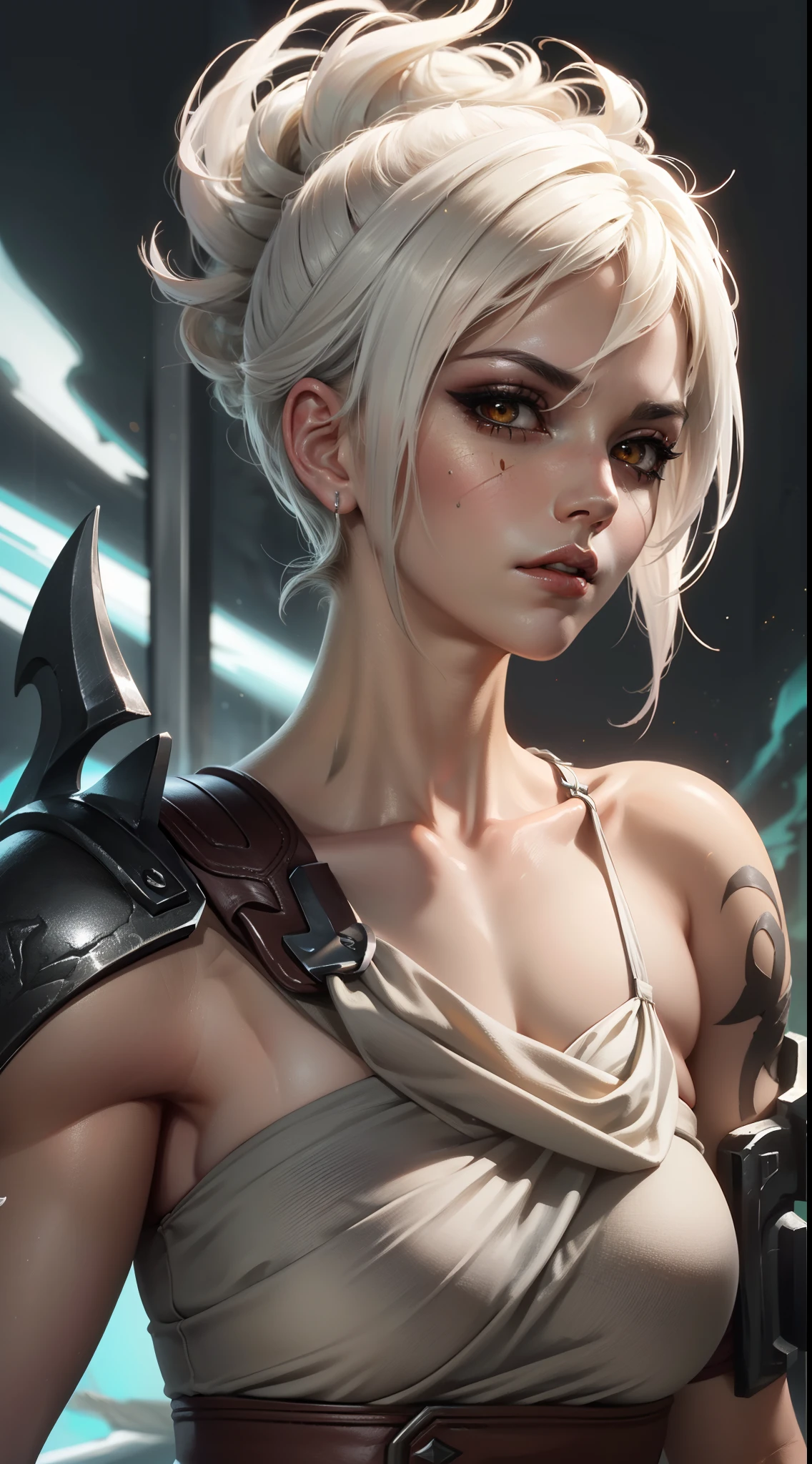 (Masterpiece:1.2), best quality, riven \(league of legends\), 1girl, sarashi, muscular female, abs, white hair, black eyeshadow, bare shoulders, upper body, potrait