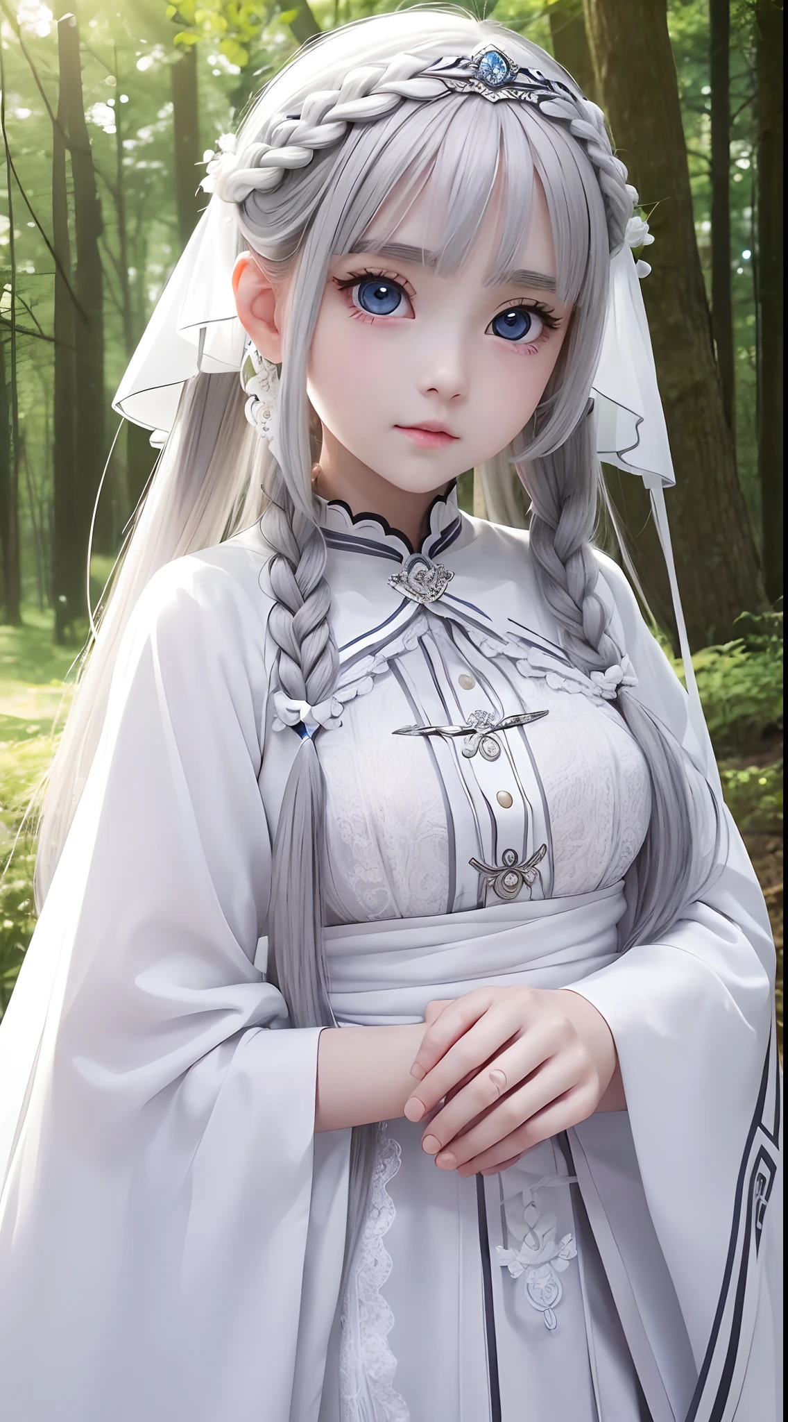 The girl has very white skin and beautiful、Wearing a white national costume、I wear a lot of fancy accessories、Gray hair braid、Big beautiful eyes、Beautiful white silver eyes、Three-dimensional anime girl、Big eyes like anime、