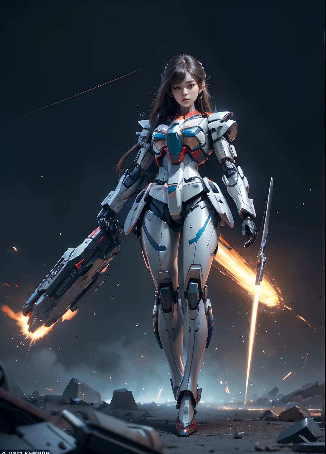 Textured skin, Super Detail, high details, High quality, Best Quality, hight resolution, 1080p, hard disk, Beautiful,(Gundam),Capture the whole,beautiful cyborg woman,Mecha Cyborg Girl,Battle Mode,Girl with a Mecha Body,She wears a futuristic Gundam mecha,fullllbody