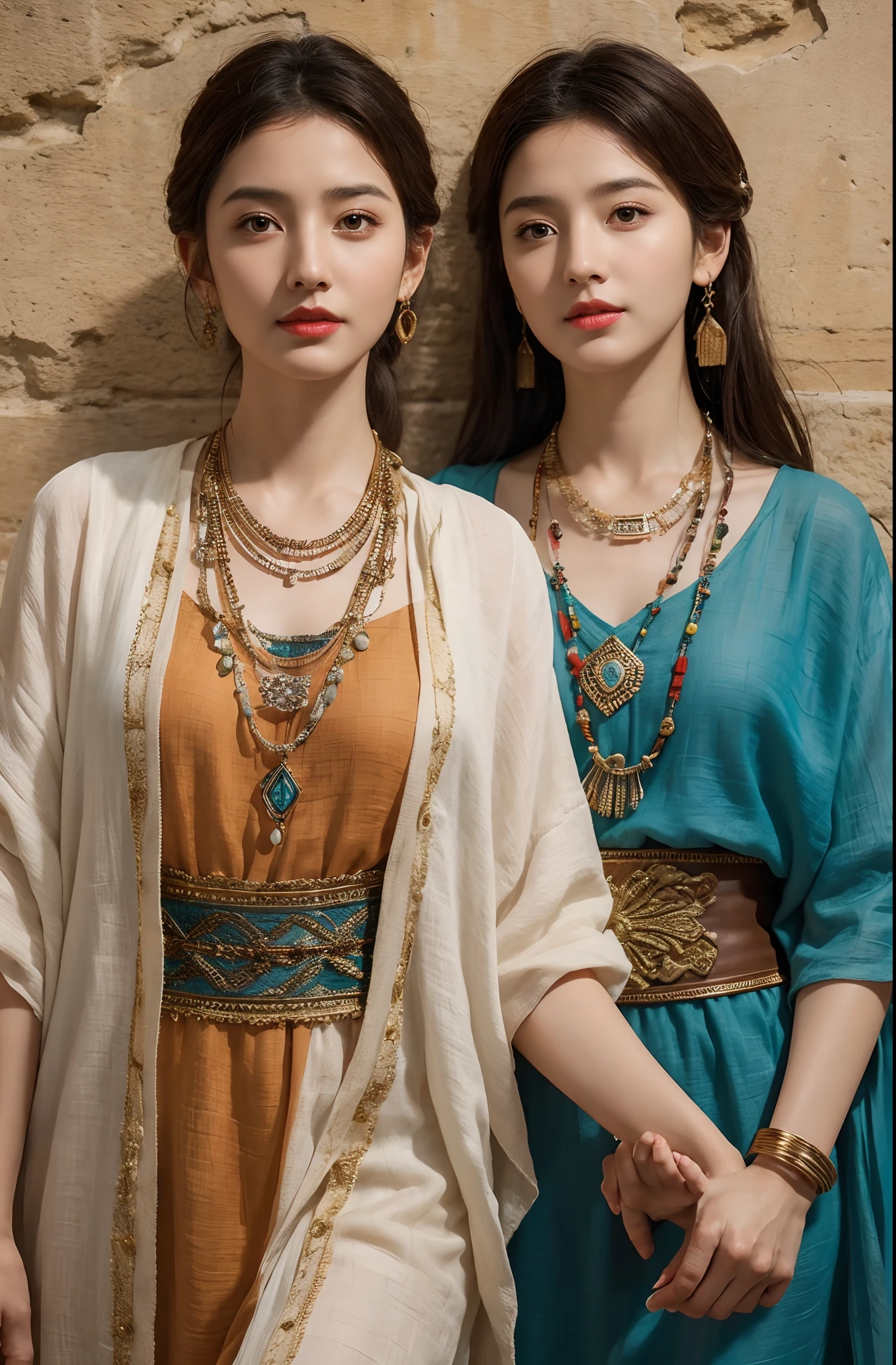 The proportions are the same for all races, All faces and pictures must be different, High quality, Ultra-realistic, Close-up portrait of two beautiful women in ancient Mesopotamia,leering:1.4,Dynamic pose, Ancient Mesopotamian civilization, Babylonia, Uruk, Tunic in various lengths, Linen clothing, Onyx necklace,Translucent Paisley costume, Kaunax, Bronze vessels, a little bit smile, High adobe walls, Luminism, a 3D render, rendering by octane, Cinematic, isometry, Awesome full color, 8K Ultra HD, author：Snow barn, high detal,