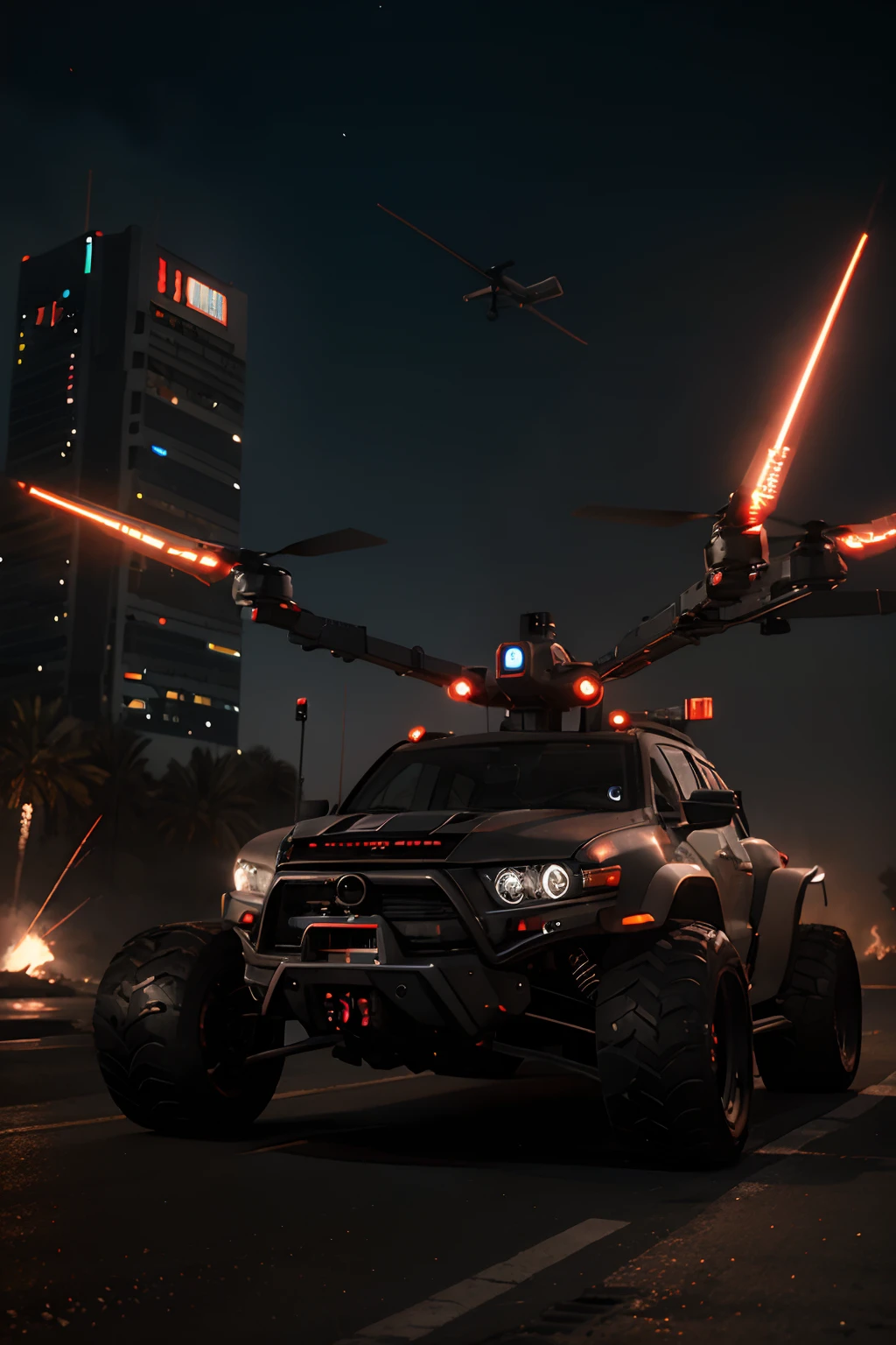 Futuristic cyberpunk car with guns, rocket launcher, drones, skulls, wings, fire, desert at night with redmoon
