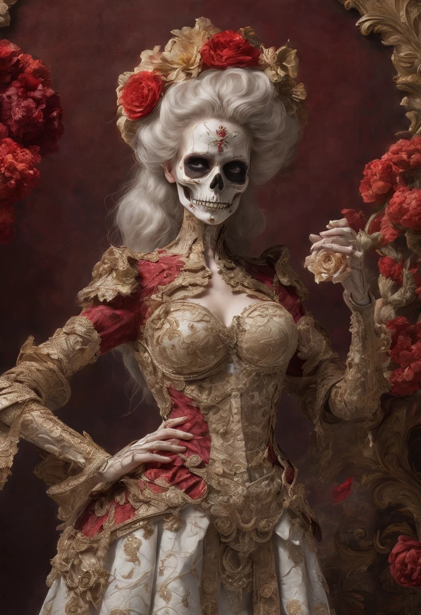 Movie poster Skeleton standing together in flowers and Rococo-style costume, Intricate skeleton decoration, made of dried flowers, saint skeleton queen, Honed Enna Skeleton Geisha, Made of a complex skeleton, Victoria Day of the Dead, hauntingly beautiful art, ((Jour des morts) ), Katrina, (The skeleton blends perfectly with the Rococo costume: 1.37), The background is blood red and gold,concept art of character,Photography,close up photograph,A beautiful painting by Clyford Steele,Painted in the traditional French art style,Image from Luc Besson's work,Image from Bradford Young's work,author：Laurent Bayeux,author：david bailey,mystical ambiance,corona rendered,rendering by octane,Quixel Megascans Render,v-ray,High detail,hyper qualit,high resolution,hyper photorealism,16k,Waist Shot(WS),Close up,Beautiful lighting, --Glazing --Original style