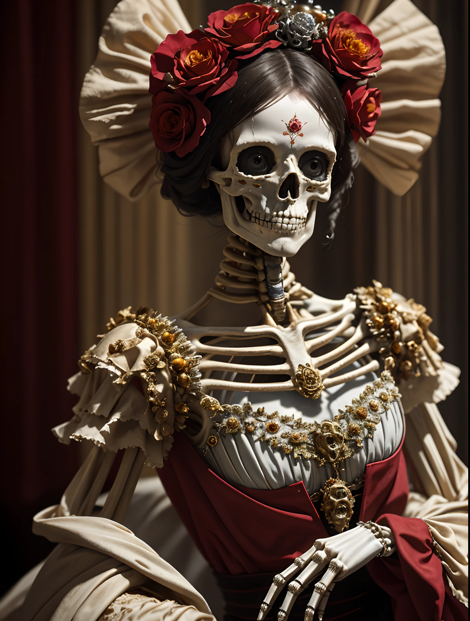 movie poster of Skeletons stand together in flowers and rococo-style costumes, intricate skeleton decorations, made of dried flowers, Holy Skeleton Queen, honed Enna Skeleton Geisha, made of intricate skeletons, Victoria Day of the Dead, Hauntingly beautiful art, ((Day of the Dead) ), Katrina, (Skeleton perfectly blends with rococo costumes: 1.37), with blood red and gold in the background,character concept art,Photography,close-up photo,a beautiful painting by Clyfford Still,painted in traditional French art style,The picture is from Luc Besson's work,The picture is from Bradford Young's work,by Laurent Baheux,by David Bailey,Mysterious Atmosphere,Corona Render,octane render,Quixel Megascans Render,V-Ray,high detail,hyper quality,high resolution,hyperrealism,16K,Waist Shot(WS),close up,beautiful lighting, --uplight  --style raw