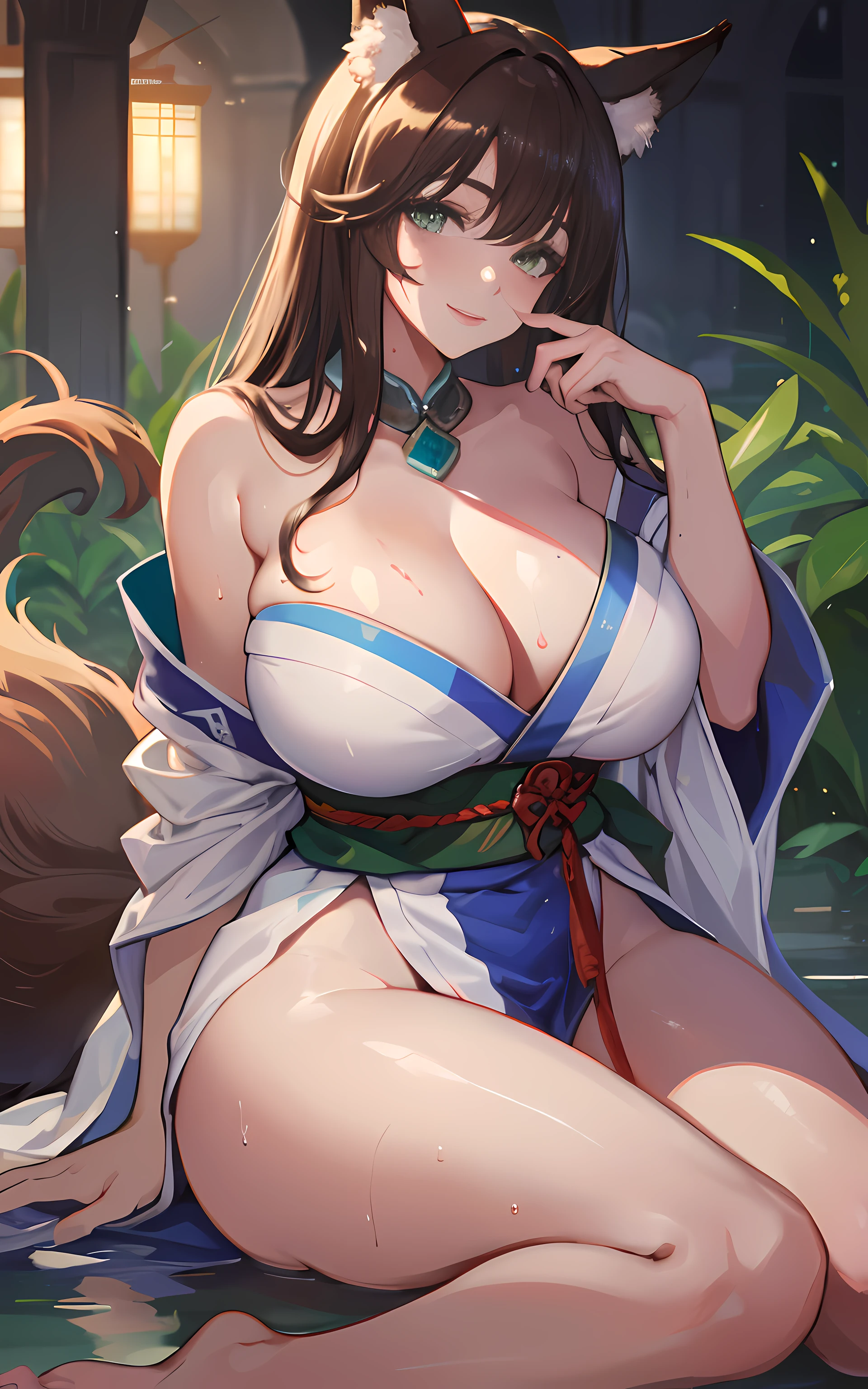 (Masterpiece: 1.5), (Best Quality: 1.5), Perfect Eyes, Perfect Face, Volumetric Lighting, 1 Woman, Mature Woman, (Whiteness: 5), Fox ears, Fox tail, green eyes, dark brown hair, massive breasts, massive cleavage, kimono, thick thighs, wide hips, sexy, bare foot, full body, seductive smiling, wet skin,