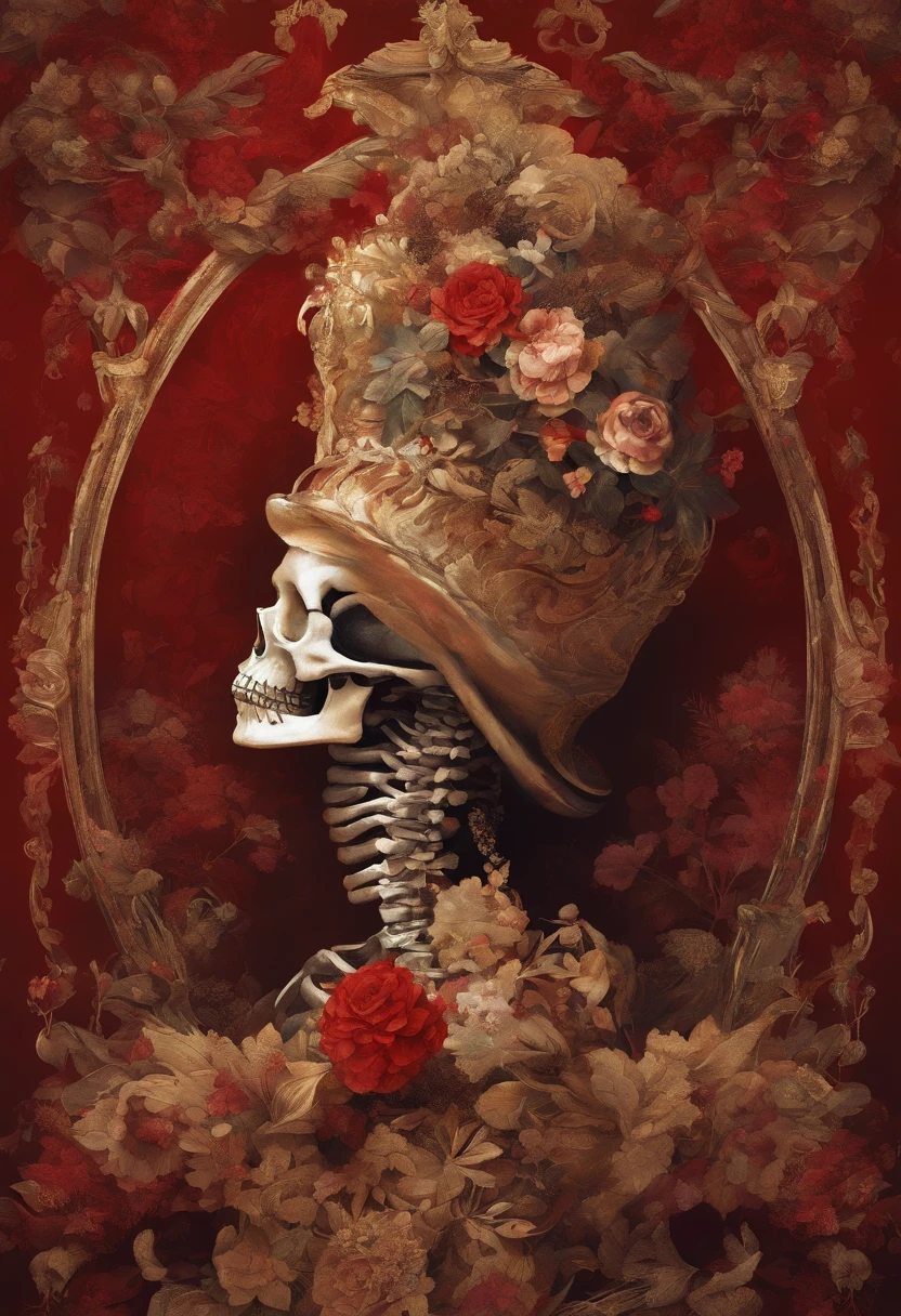 Movie poster Skeleton standing together in flowers and rococo-style costumes, Intricate skeleton decoration, made of dried flowers, saint skeleton queen, Honed Enna Skeleton Geisha, Made of a complex skeleton, Victoria Day of the Dead, hauntingly beautiful art, ((Jour des morts) ), Katrina, (The skeleton blends perfectly with the Rococo garment: 1.37), The background is blood red and gold,concept art of character,Photography,close up photograph,A beautiful painting by Clyford Steele,Painted in the traditional French art style,Image from Luc Besson's work,Image from Bradford Young,author:Laurent Bayeux,author:david bailey,mystical ambiance,corona rendered,rendering by octane,Quixel Megascans Render,v-ray,High detail,hyper qualit,high resolution,hyper photorealism,16k,Waist Shot(WS),Close up,Beautiful lighting, --Glazing --Original style