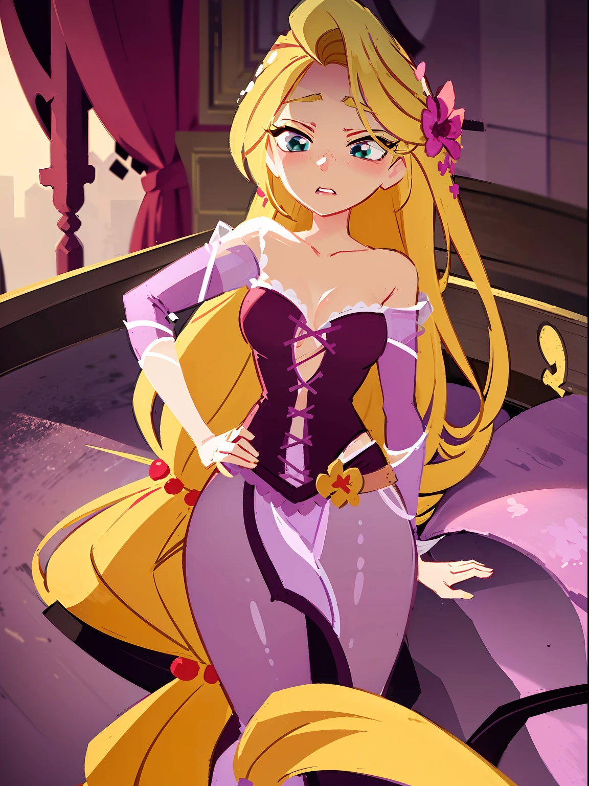 Rapunzel, whom has blonde hair and a large bust, has been beaten and bruised from a beating, bloody and her low cut purple dress is ripped and tattered. Rapunzel is lying near death. 1 girl, 1 girl comatose, Rapunzel, loose hair, purple princess dress