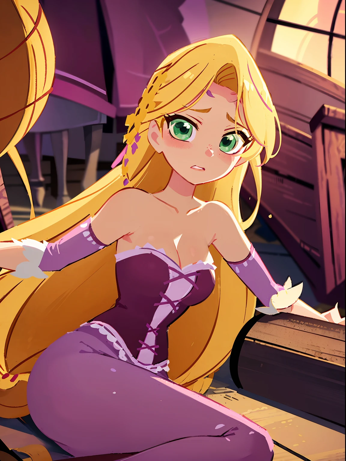 Rapunzel, whom has blonde hair and a large bust, has been beaten and bruised from a beating, bloody and her low cut purple dress is ripped and tattered. Rapunzel is lying near death. 1 girl, 1 girl comatose, Rapunzel, loose hair, purple princess dress