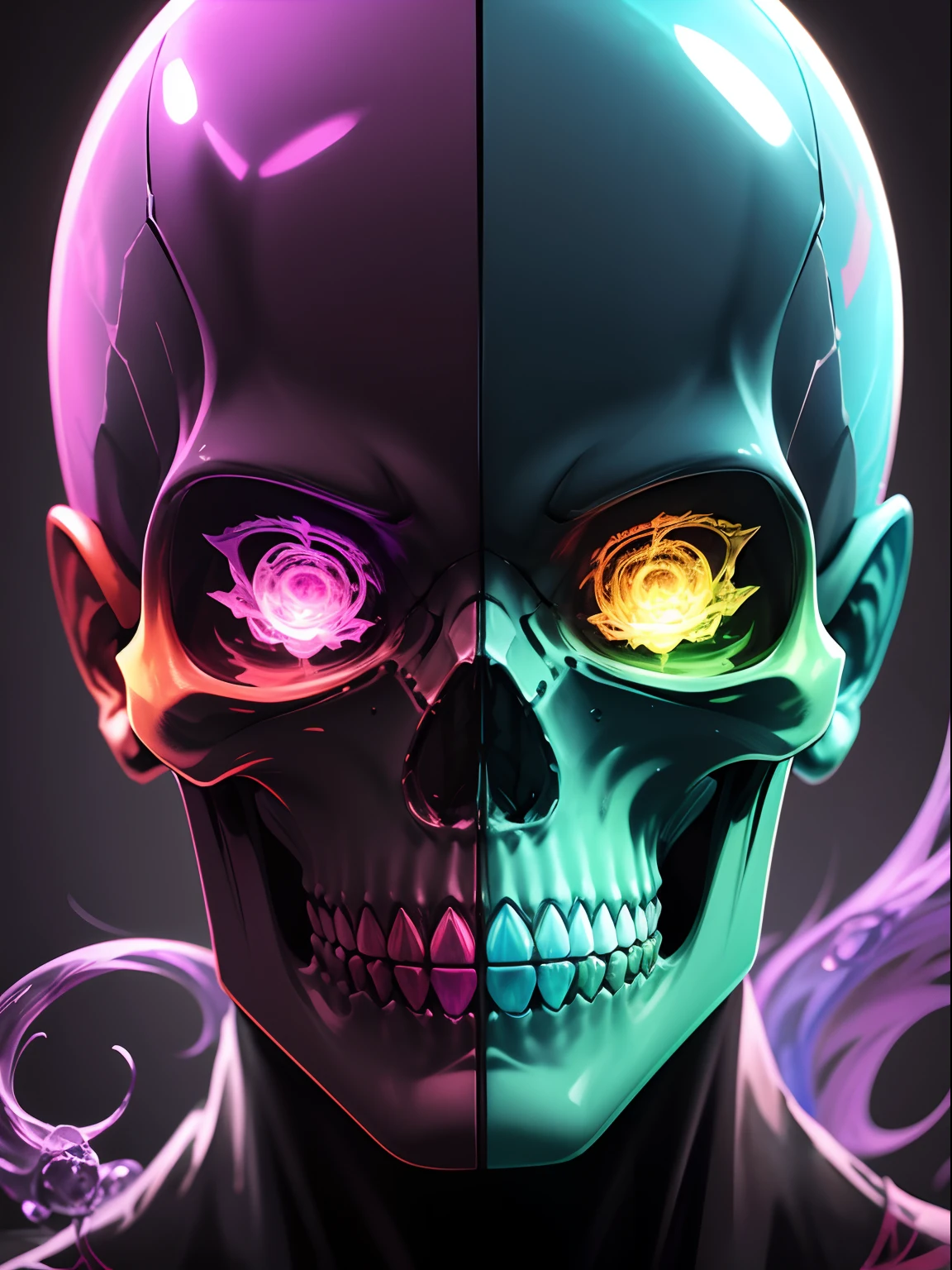 Multi-colored realistic glass skull,Close-up of the skull, crystal-clear,hyper HD, aquarelle, Bright and attractive color options, Extremely colorful,stands out, Most detailed,Symbolizes the infinity and eternity of death.
