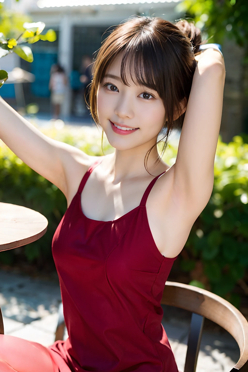 (8K、Raw photography、top-quality、​masterpiece:1.2)、(realisitic、Photorealsitic:1.37)、ultra-detailliert、超A high resolution、女の子1人、see the beholder、beautifull detailed face、A smile、Constriction、(Slim waist) :1.3)、Beautiful detailed skin、Skin Texture、Straight hair、Professional Lighting、Whole human body、Short hair、a blond、hi-school girl、School Grounds、Small breasts、Bob Hair、Happy smile、perspiring、(White panties:1.1)、(Armpit)、(Sitting table:1.2)、(Facing the front)、(Open Close:1.2)、(Low ponytail:1.1)、(Red china clothes:1.1)