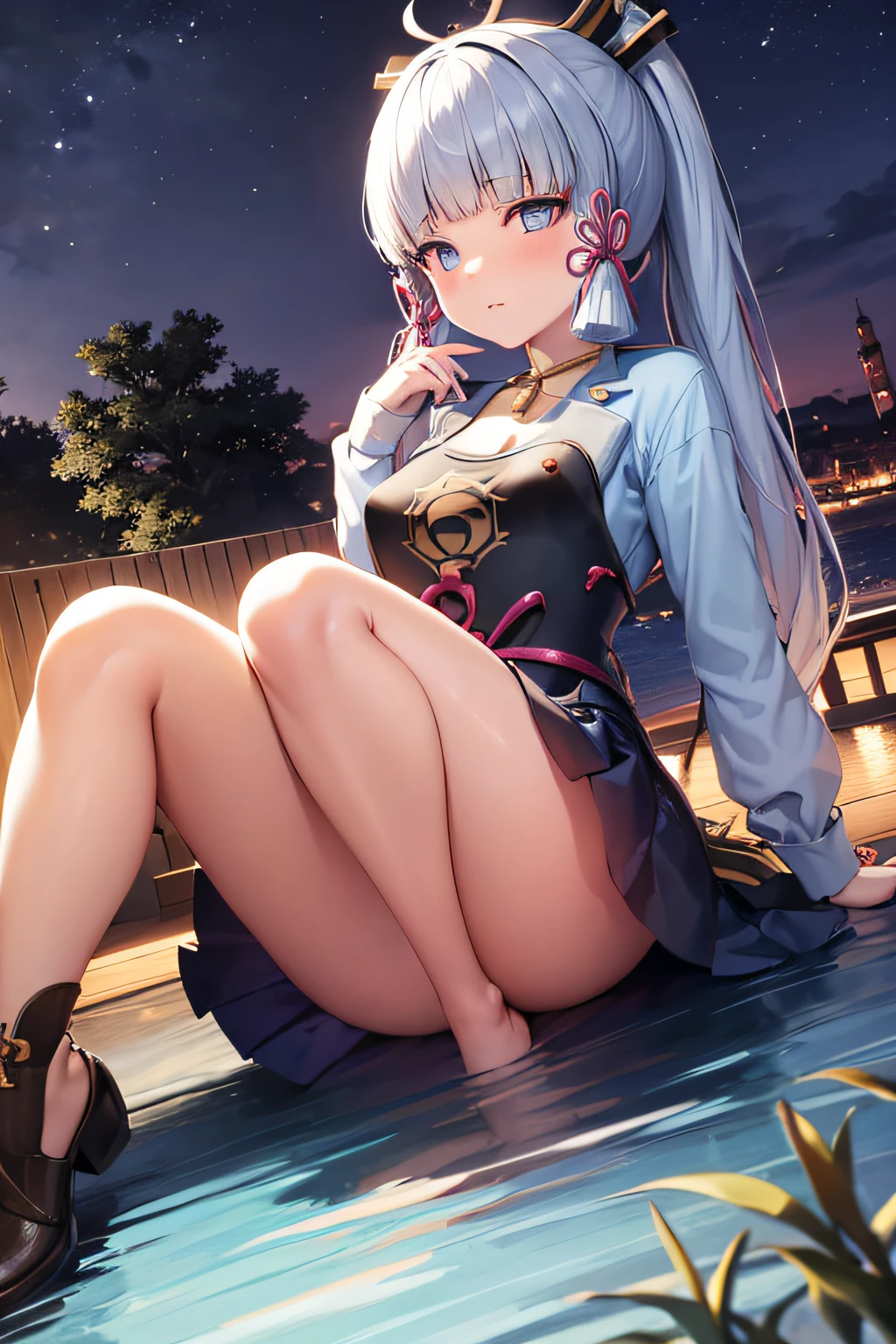 NSFW , lake , tree , sitting on floor , upskirt , night , kamisato_ayaka