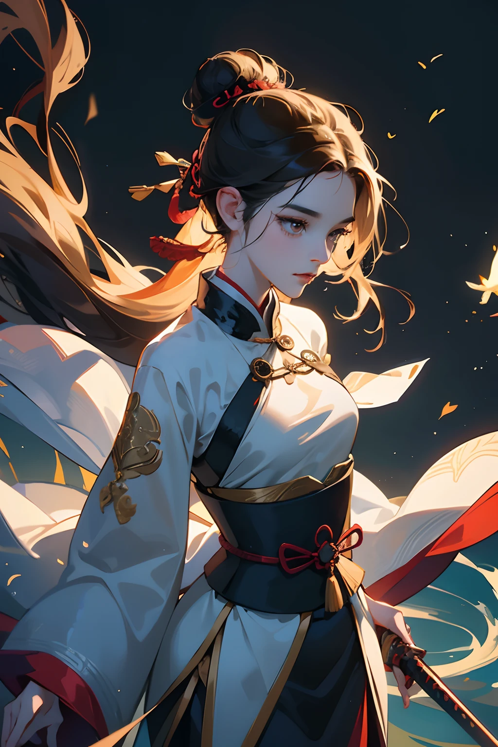 The beauty bowed her head，The dress is a long white dress，（（cropped shoulders）），Anime characters with swords and mermaid tails, Onmyoji detailed art, heise jinyao, From Smit ，by Yang J, inspired by Park Hua, Inspired by Lan Ying, bian lian, inspired by Chen Rong, inspired by Ju Lian, onmyoji, The fairy raised a hand，Well-made beard, Samurai bun，Face away from the camera，（High- sharpness，ultra - detailed）， tmasterpiece， best qualtiy， 独奏，详细的脸， swirles，Old，Complicated details, , 独奏, detailedbackground，Hover in the air，Floating lotus、Backlit realistic lighting、Armory、Hair flutters in the wind，Surrounded by ink, Clear face, Clear and bright eyes, High detail, (A high resolution, ultra - detailed), Cinematic lighting, Motion blur, Ray tracing, reflective light, (Close-up), Masterpiece, Best quality, High quality, Anatomically correct, Textured skin, High details, Super detail, 1080p, hyper HD,