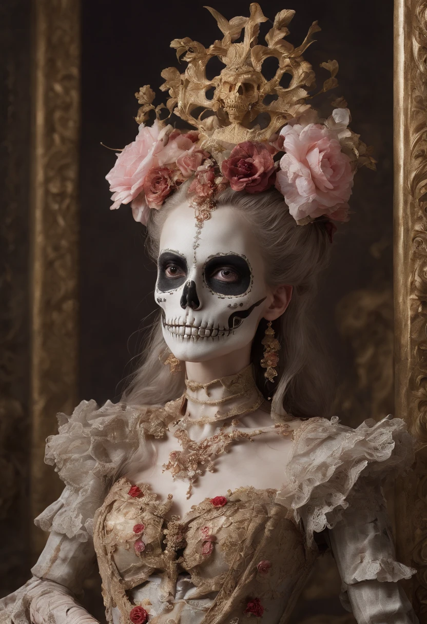 Movie poster Skeleton standing together in flowers and rococo-style costumes,(Whole body skeleton:1.3), composed,Made of flowers, saint skeleton queen, Honed Enna Skeleton Geisha, Made of a complex skeleton, Victoria Day of the Dead, hauntingly beautiful art, ((Jour des morts) ), Katrina, (The skeleton blends perfectly with the Rococo garment: 1.37), The background is blood red and gold,concept art of character,Photography,close up photograph,A beautiful painting by Clyford Steele,Painted in the traditional French art style,Image from Luc Besson's work,Image from Bradford Young,author:Laurent Bayeux,author:david bailey,mystical ambiance,corona rendered,rendering by octane,Quixel Megascans Render,v-ray,High detail,hyper qualit,high resolution,hyper photorealism,16k,Waist Shot(WS),Close up,Beautiful lighting, --Glazing --Original style